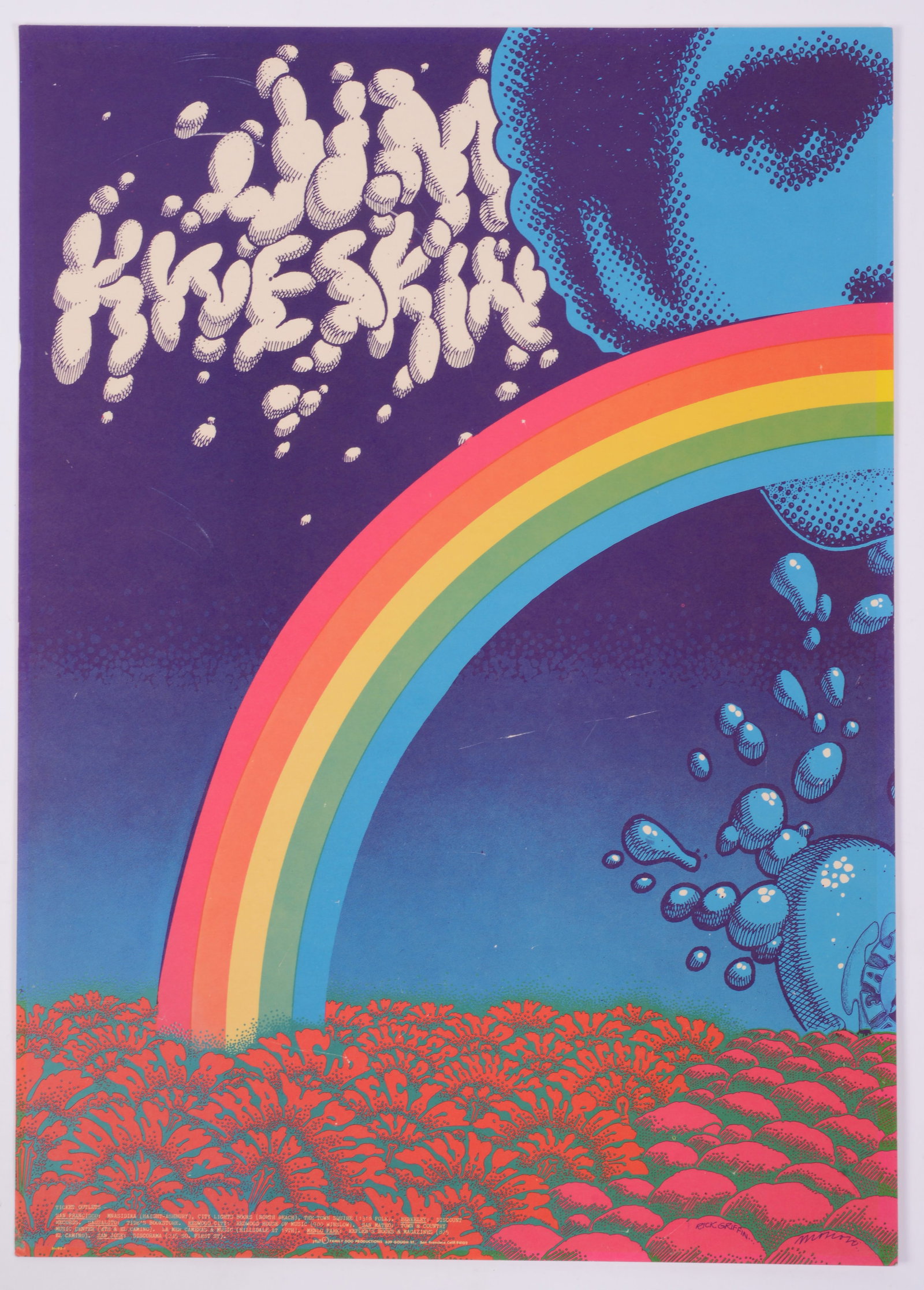 Jim Kweskin' Concert Poster 1967: Family Dog Productions, 20 inches x 14 inches. Original printing, printed as a full sheet with lot 439, and cut in half to use for the Denver show.