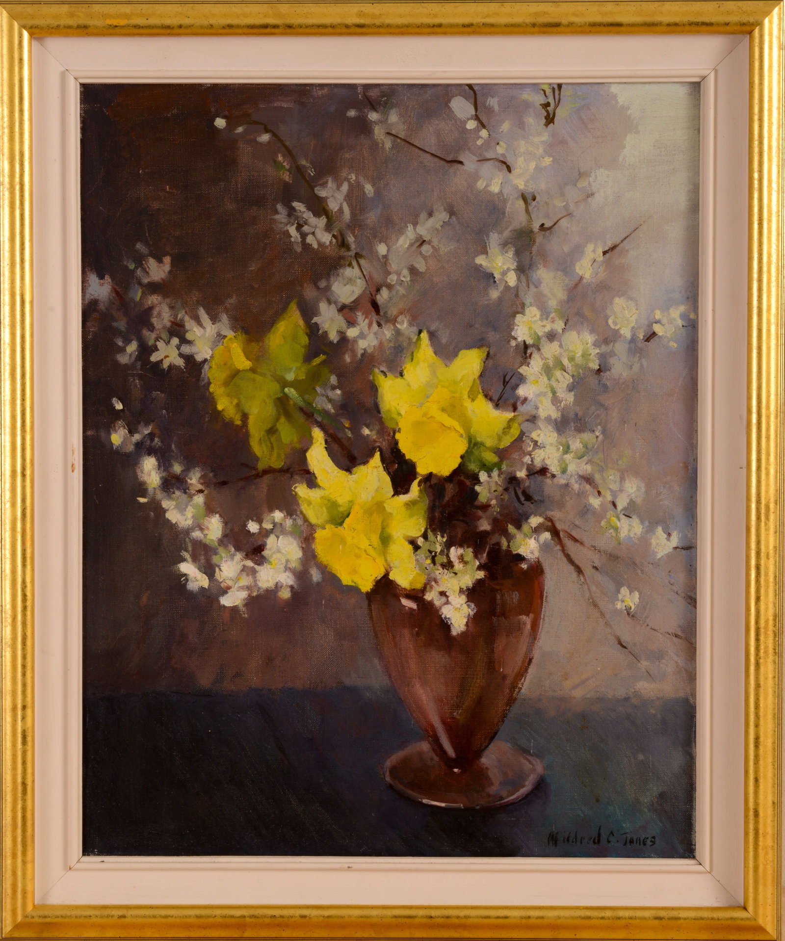 Mildred C. Jones Floral Still Life.: (Massachusetts 1899-1992), oil on canvas, 21 x 16 inches signed l.r.. Framed, 24 x 20 inches..