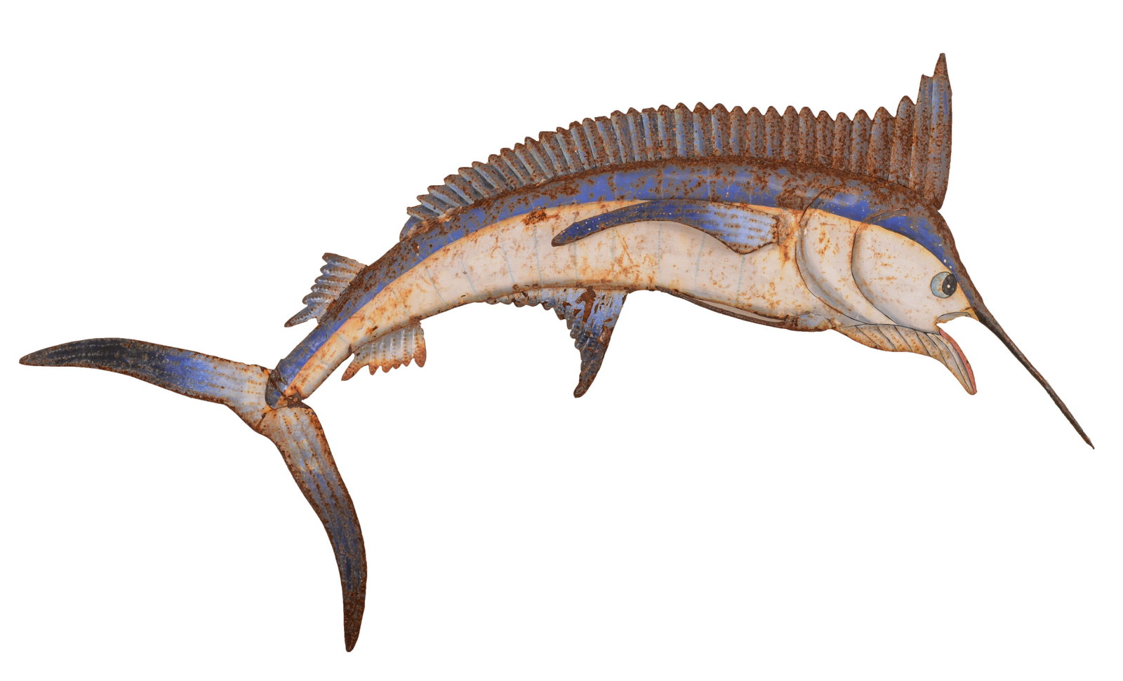 Vintage Lifesize Sheet Metal Marlin: Length 70 inches, height approximately 32 inches.