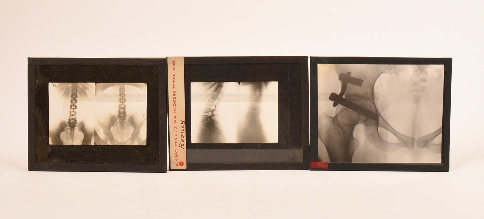 Leather Box Fitted with Vintage Glass Medical Slides: Marked 294 Boylston St. J. WM Rogers Boston, Mass, box width 10.25 inches