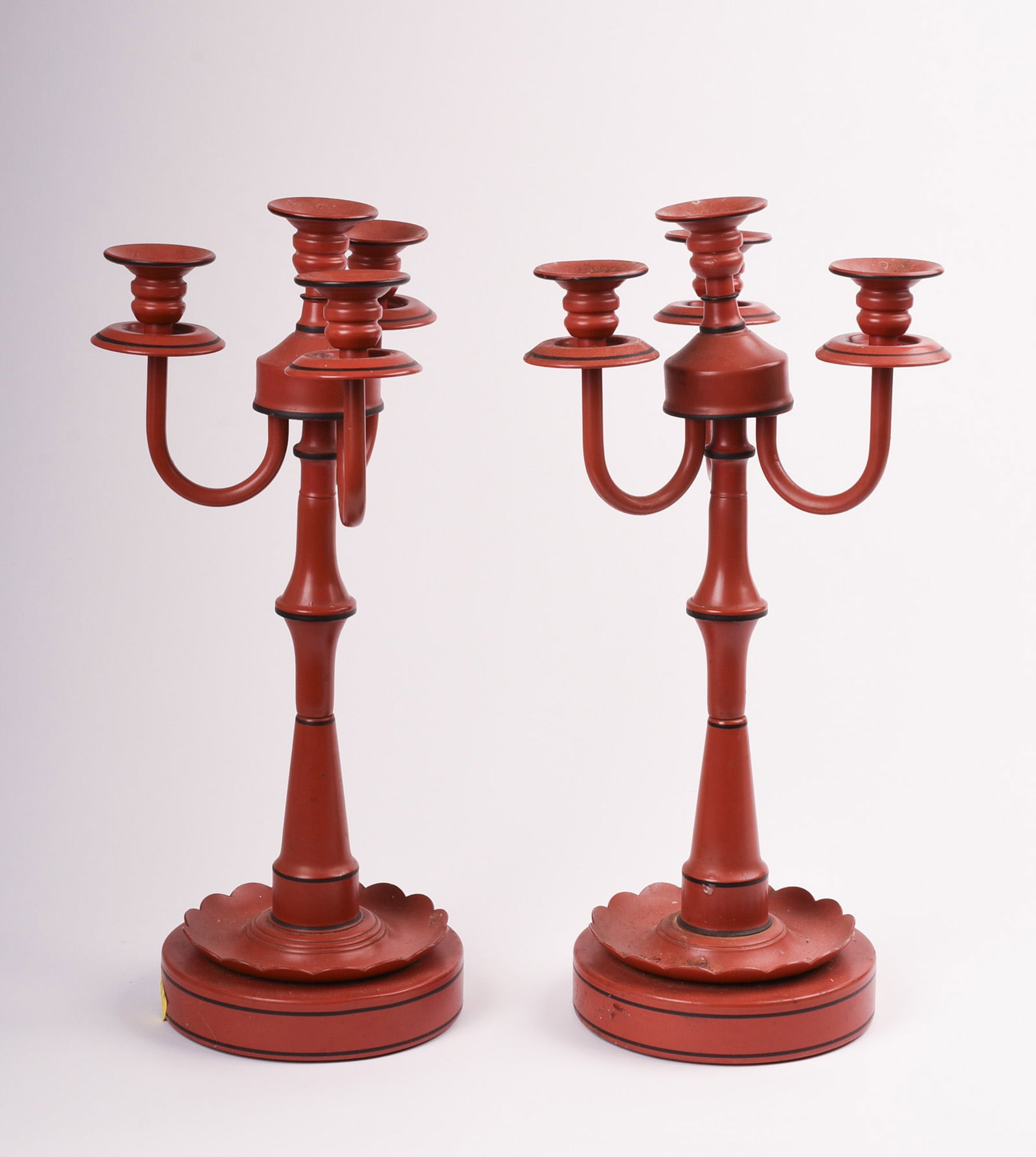 Pair of Red Painted Tin Candelabra.: Height 15.5 inches.