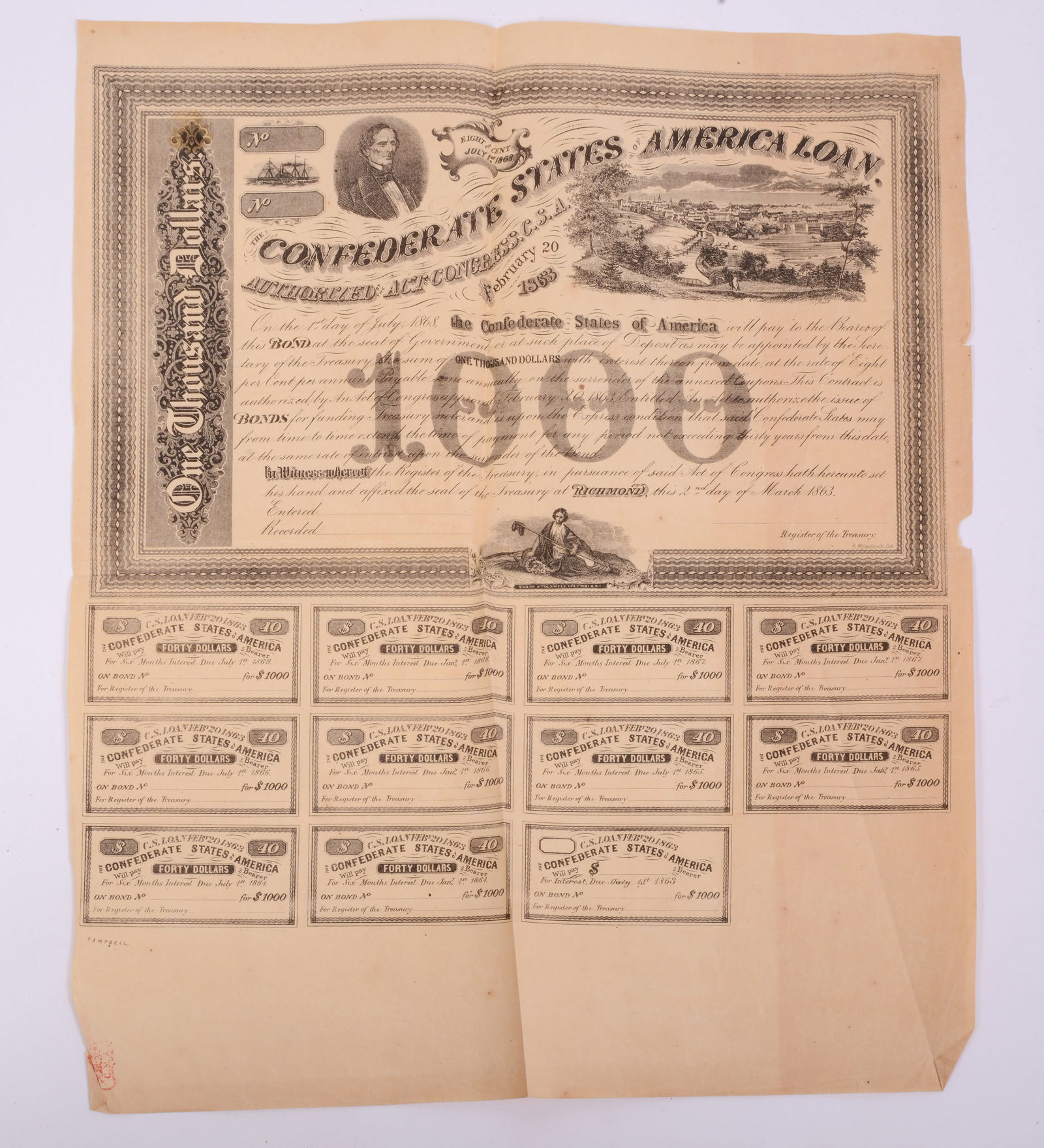 Confederate State of America Loan' 1000 Bond 1863 (1 of 2)