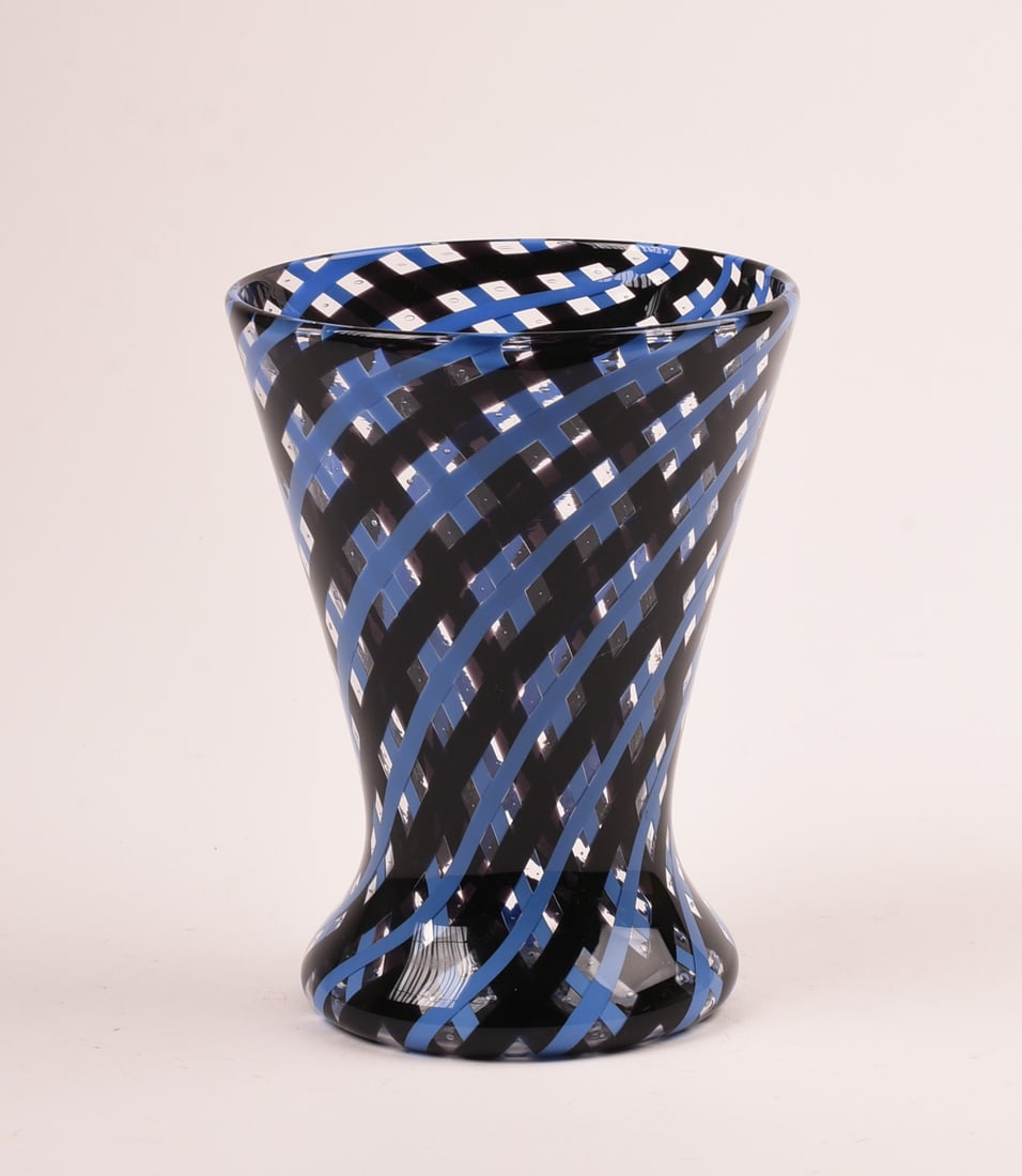 Hand Blown Glass Vase with Basket Weave Design: Signed on bottom Prescent 2000, height 7 inches