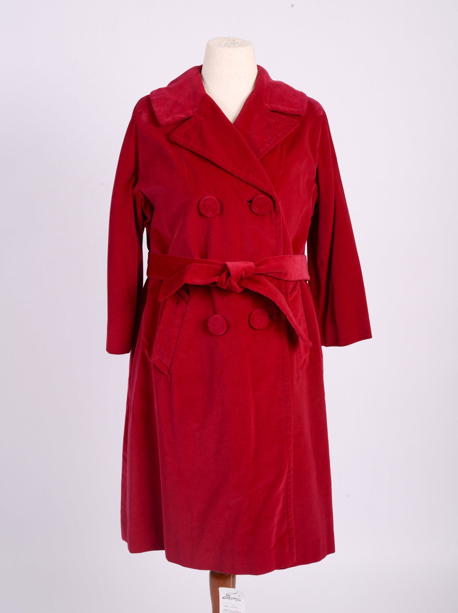 Suzette International Red Velvet Cocktail Coat: Size med, circle 1950's-1960's, with notched collar, front pockets and matching double breasted buttons, length 39 inches, good condition.