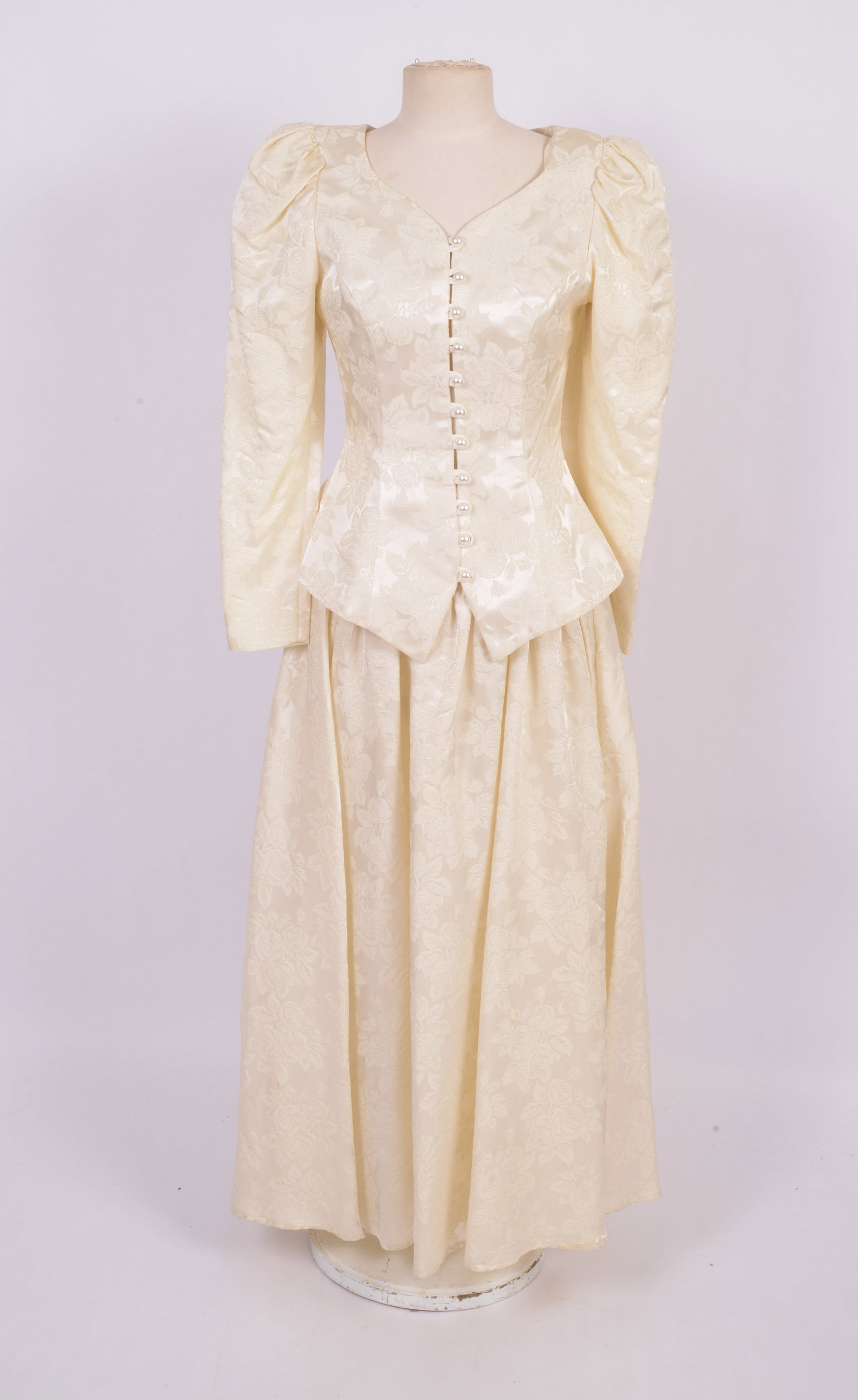 Loralie Original Damask Dress with Matching Puff Sleeve Jacket: Size 6, dress with spaghetti straps and dropped waist, jacket with multiple pearl buttons, length 53.5 inches, good condition.
