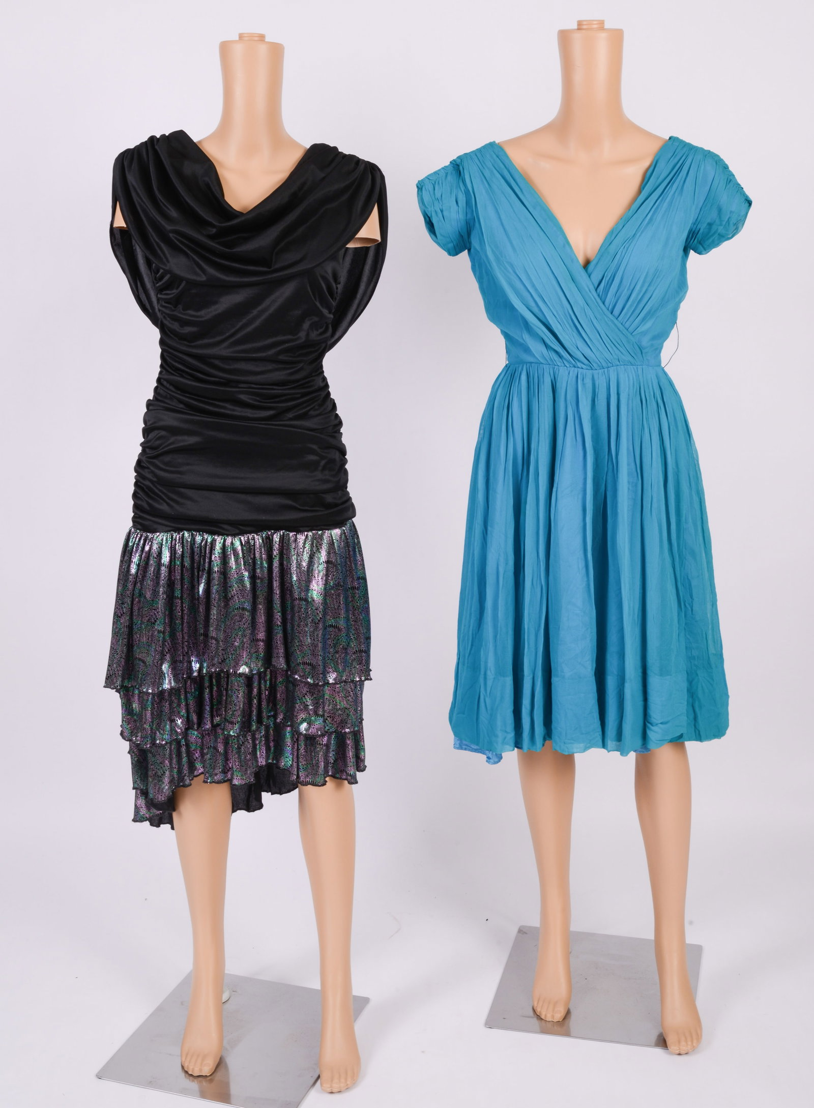 Blue Pleated Dress with Cap Sleeves: Appears to be a size 4, length 40 inches, with Stash black and silver ruched dress, both good condition.
