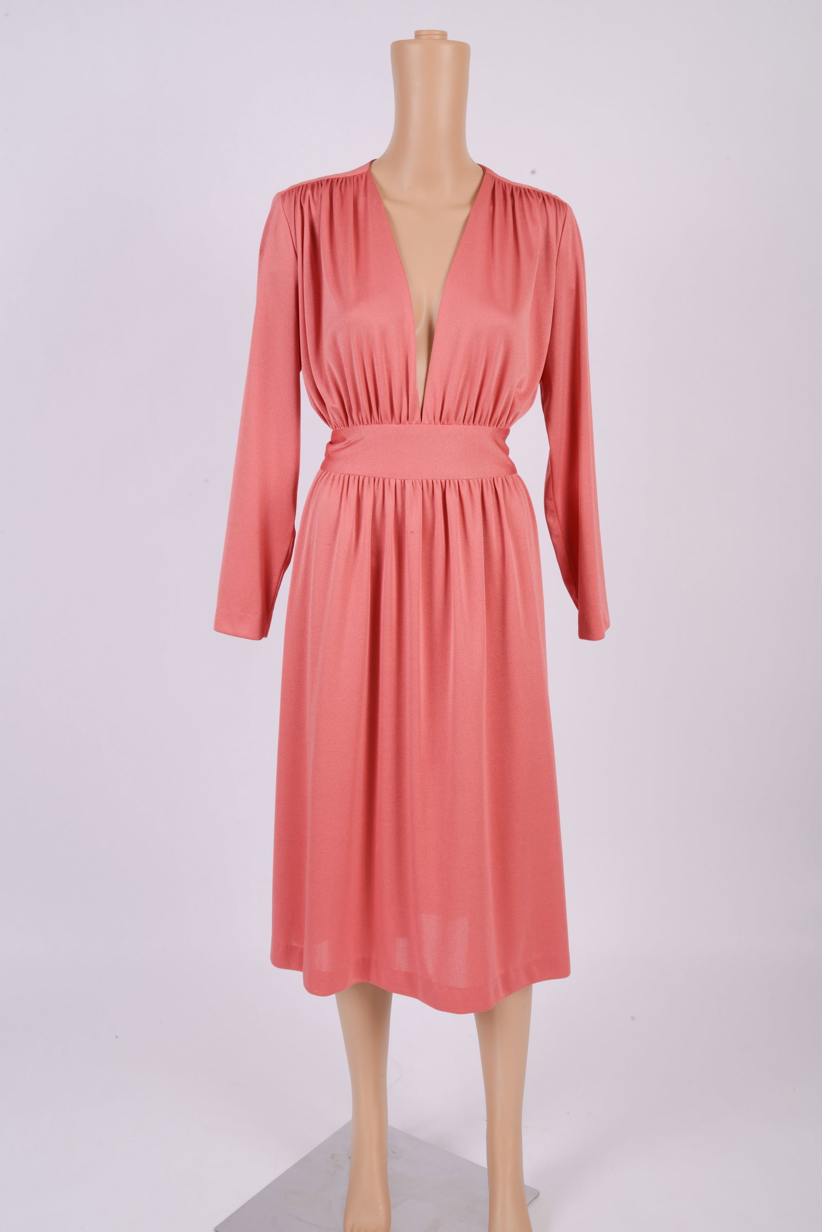 Hal Ferman Peach Deep V-Neck Pleated Dress: With attached tie at waist, appears to be a size 8, length 44.5 inches, good condition.