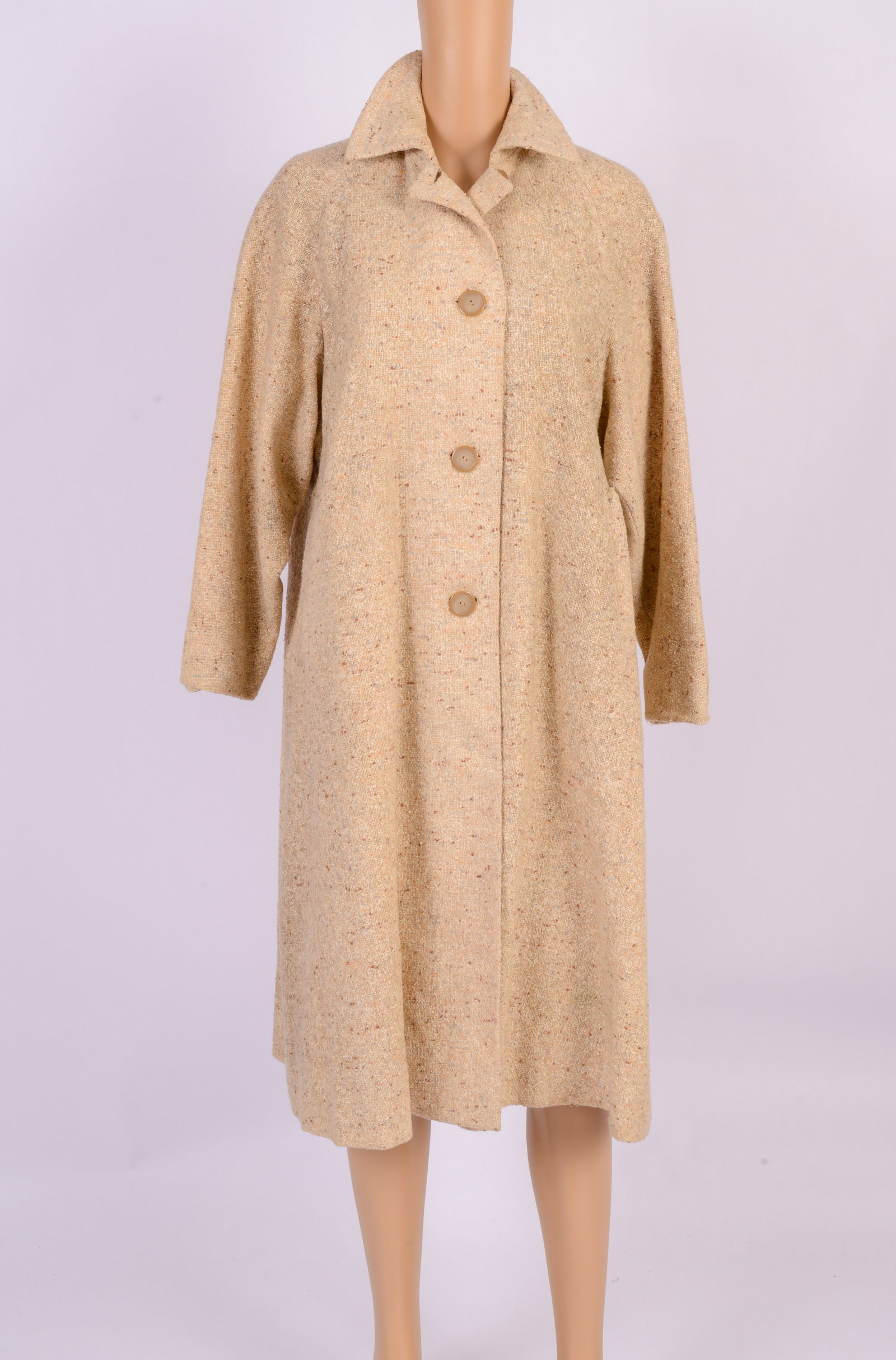 Tan Tweed Coat: Circa 1950s. Size medium, length 42 inches, lightweight, no tags. Good condition