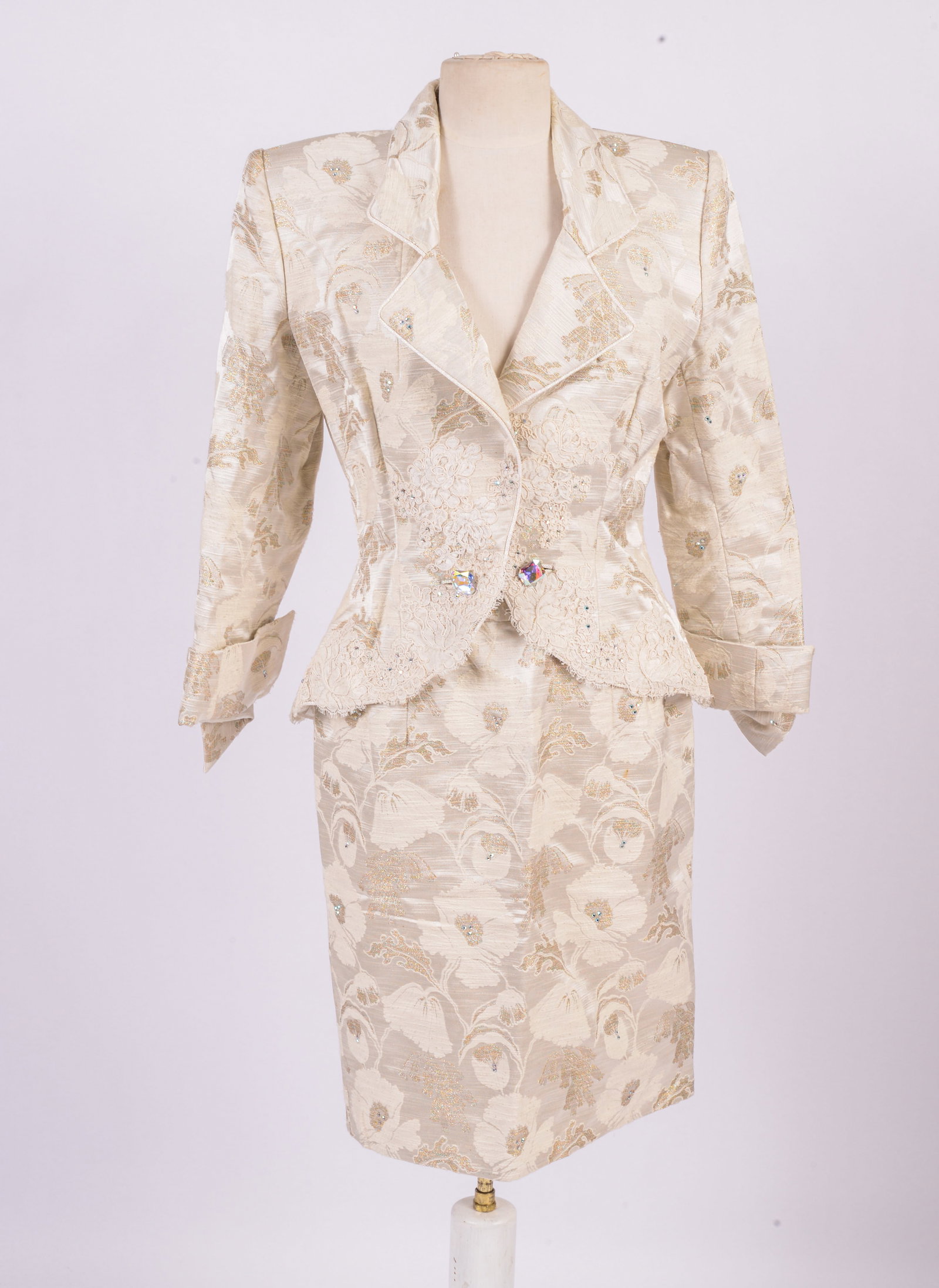 Hartly Skirt Suit with Silver and Lace Details Size M: Fitted jacket with mirror buttons, skirt length 22.5 inches, good condition