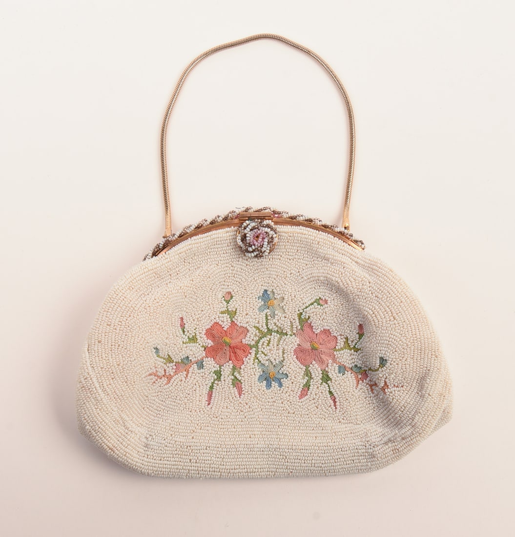 Made in France for H.A. & E. Smith Bermuda Beaded Small Handbag: With metal chain handle, width 7 inches