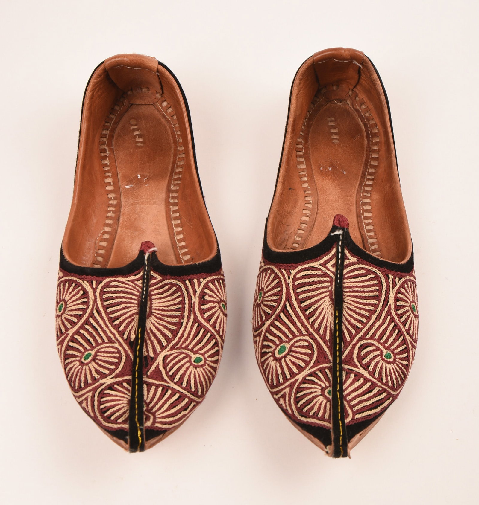 Pair of Leather and Stitched Pointed Moroccan Shoes: Length 11 inches