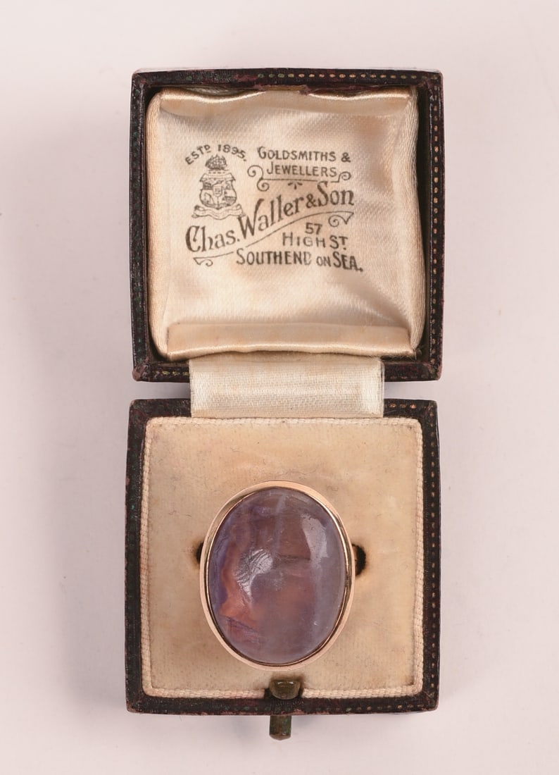 Ring in Box: Possibly moonstone. Box from Chas. Waller & Son. Ring size 6.