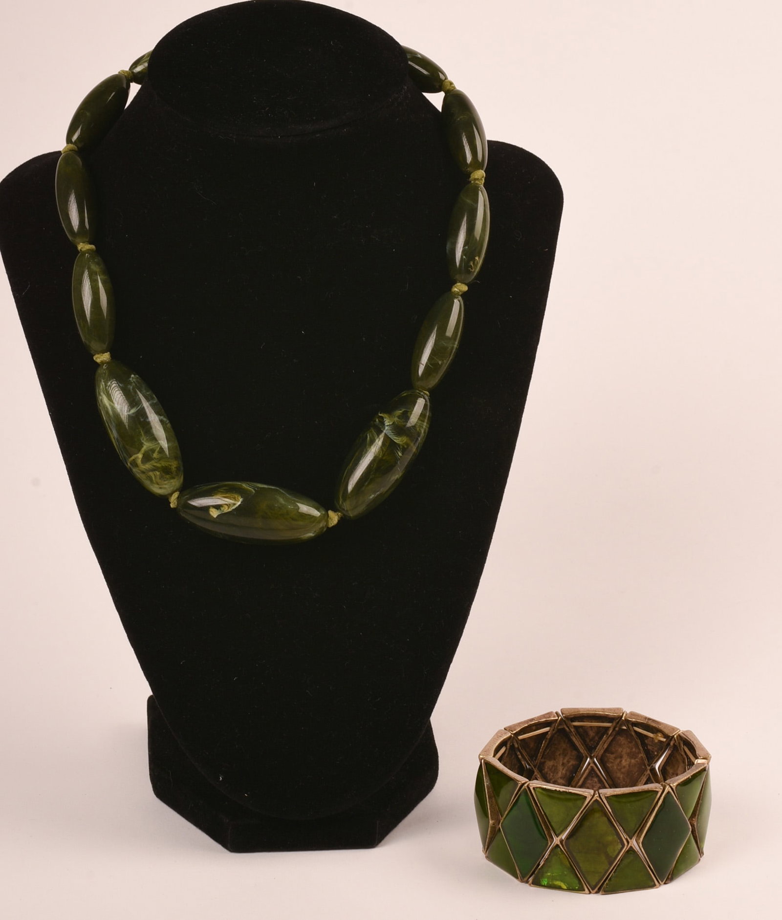 Green Stretch Cuff Bracelet: With similar color bead necklace, length of necklace 20 inches
