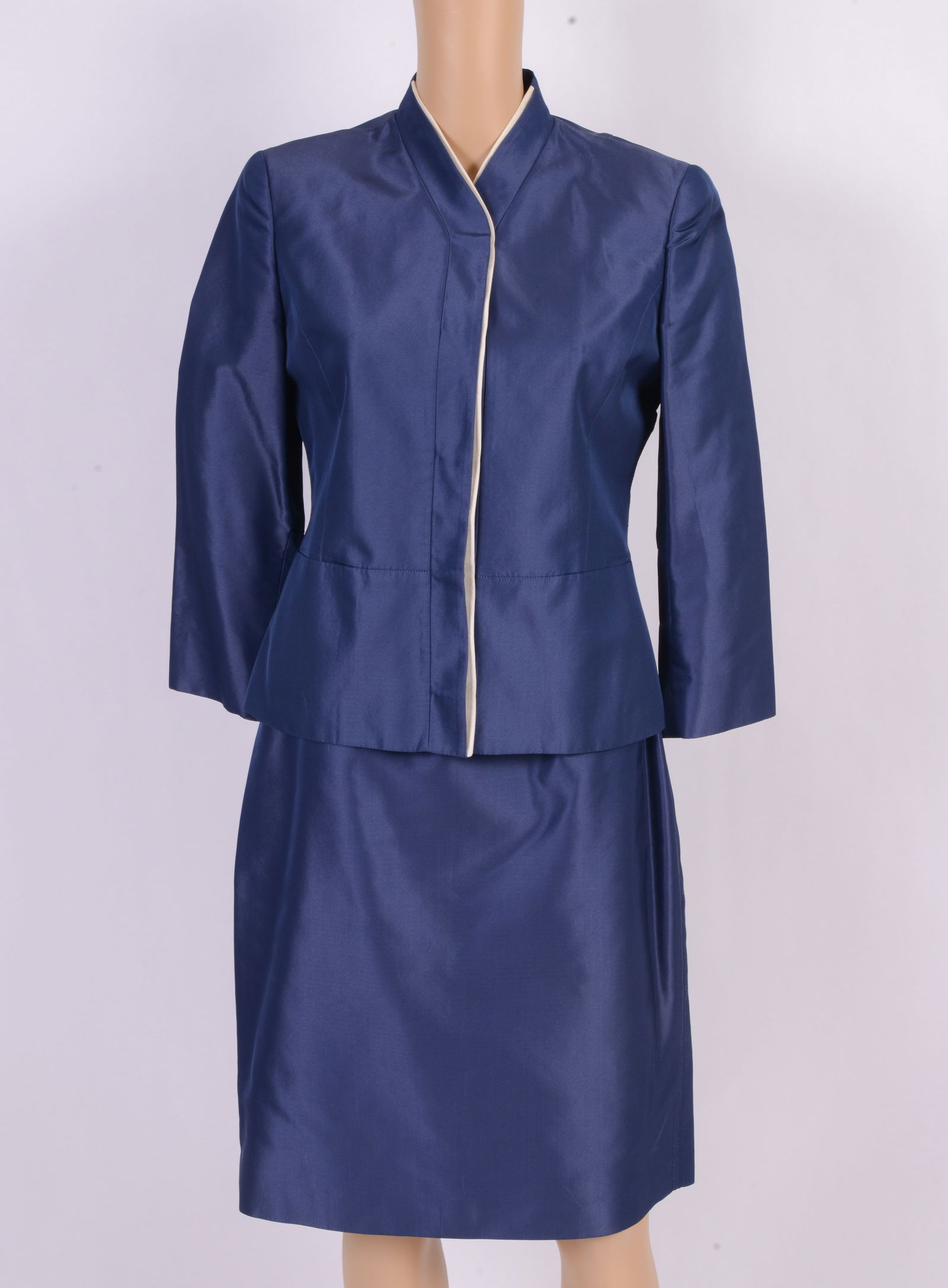 Brioni Italy Blue Silk Skirt Suit Size 44: Button up jacket with white trim, skirt length 23 inches, good condition
