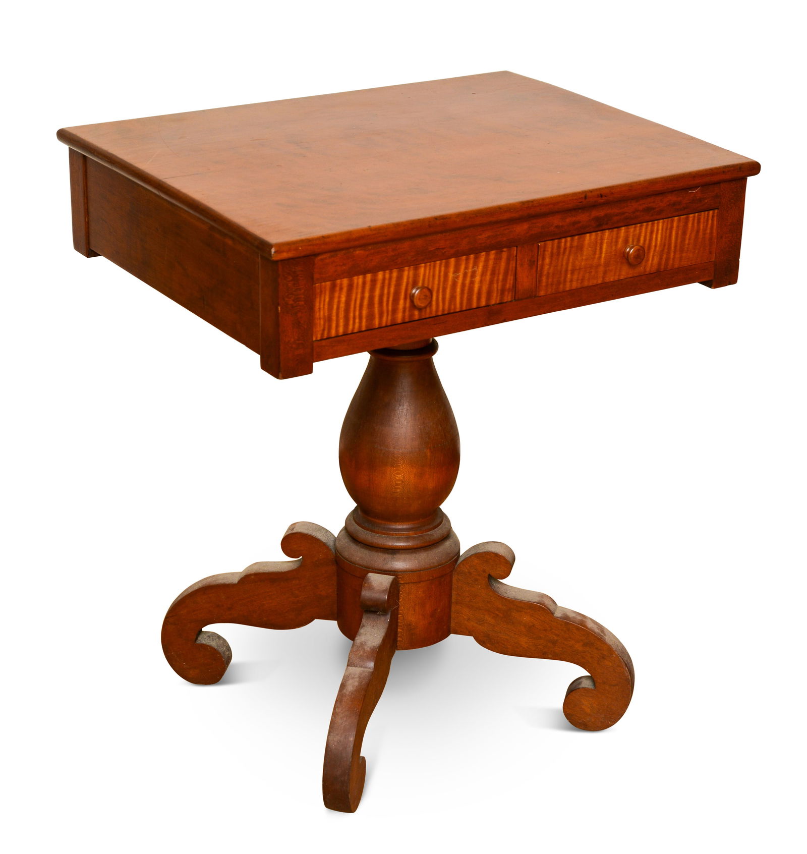 MAPLE TWO DRAWER PEDESTAL SIDE TABLE ON SCROLL LEGS (1 of 6)