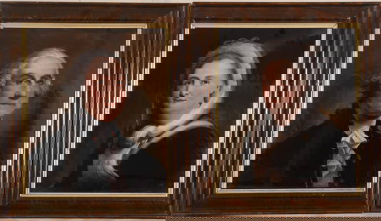 ATTR. WILLIAM MATTHEW PRIOR, PORTRAITS OF GEORGE AND MARTHA WASHINGTON.: Reverse painted on glass, each 24.5 x 21 inches. In original frames, 31 x 27 inches. Both in very good condition, a few light surface scratches, no indication of inpainting or restoration.