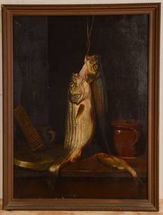 ANDREW JOHN HENRY WAY (1826 - 1888). TWO FISH.: Oil on canvas, 30 x 22 inches. Label for Minifie and Son's Art Supply, Baltimore. Appears to retain original frame, 33 x 24.5 inches.