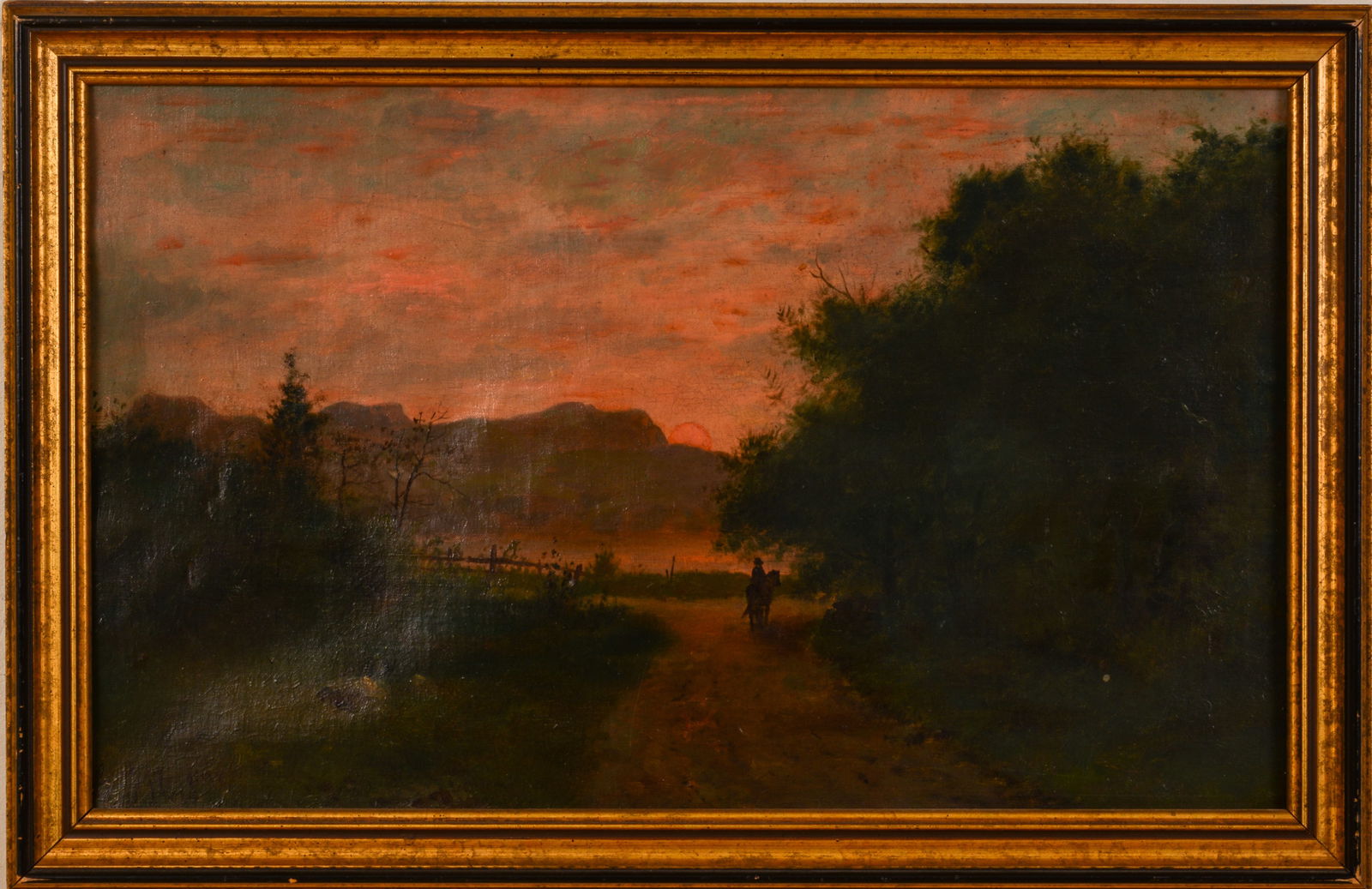 GEORGE FRANK HIGGINS (B. 1850). SUNSET WITH MAN ON HORSEBACK. (1 of 3)