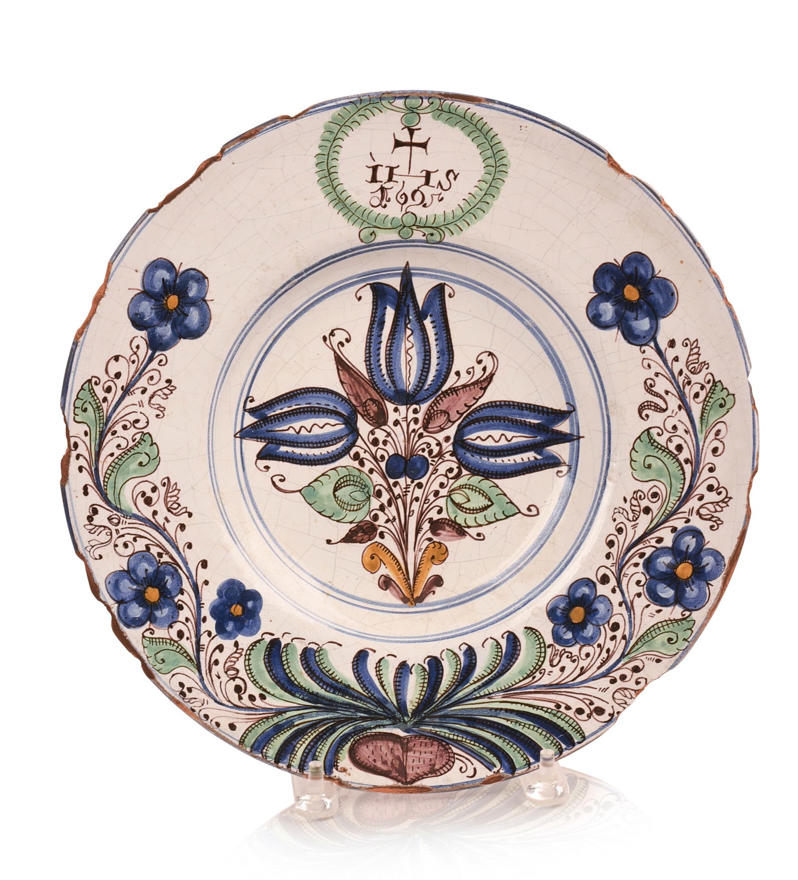 RARE ENGLISH DELFT CHARGER WITH PROFUSE DECORATION AND DATED “1695??. (1 of 3)