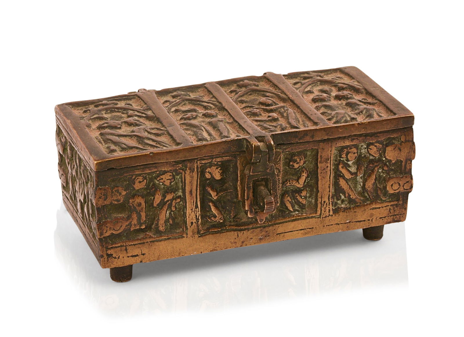 SMALL BRONZE CASKET BOX WITH MEDIEVAL FIGURAL PANELS. (1 of 6)