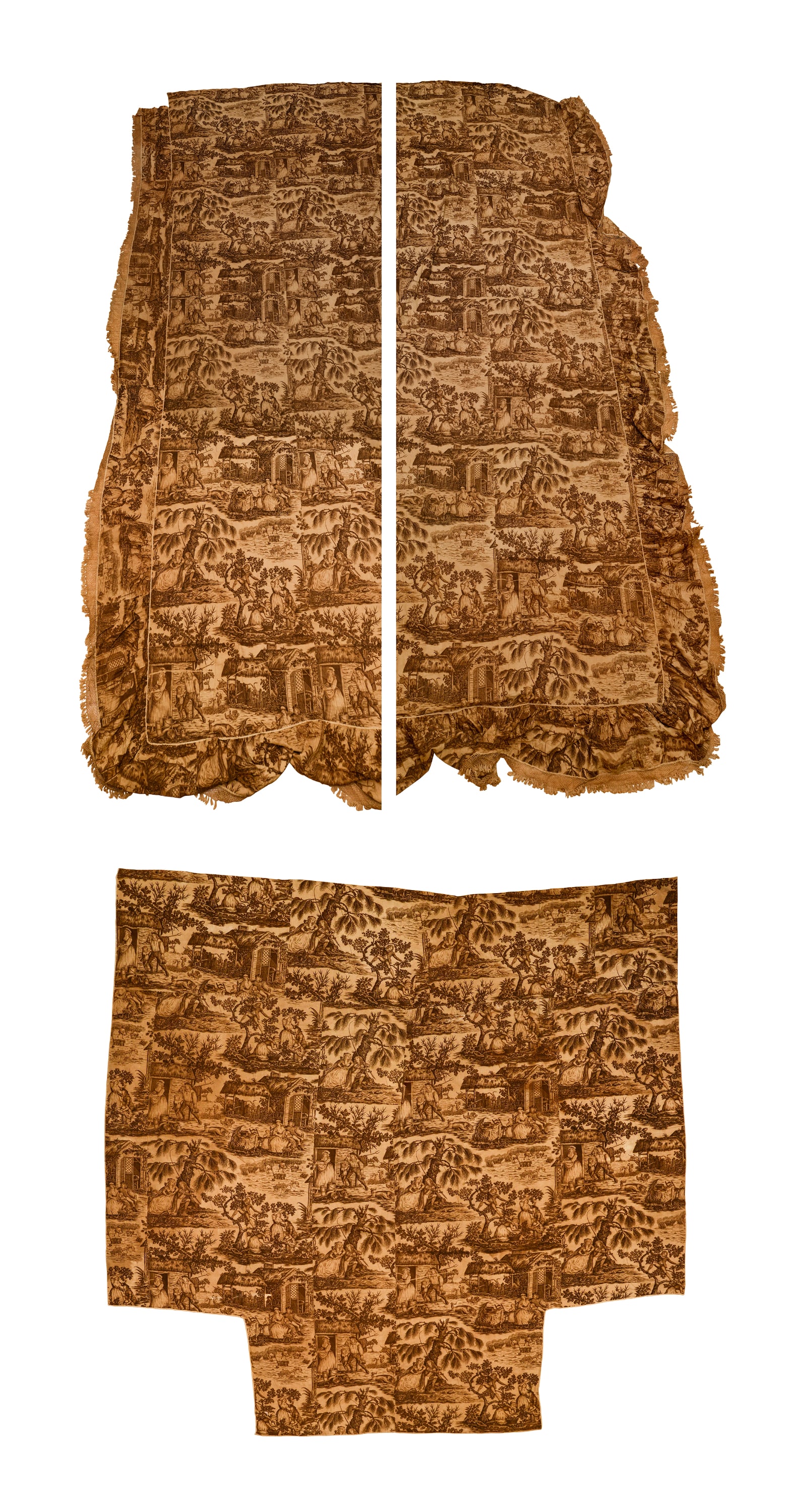 RARE FRENCH TOILE DE JOUY BED HANGINGS/COVERLET,: in brown copper-engraved print on cream linen, circa 1790-1810. Bed hanging for a 78 inch wide canopy, length 12 feet. Coverlet 75 x 94 inches, with additional 18 inches to hang over the end of the be