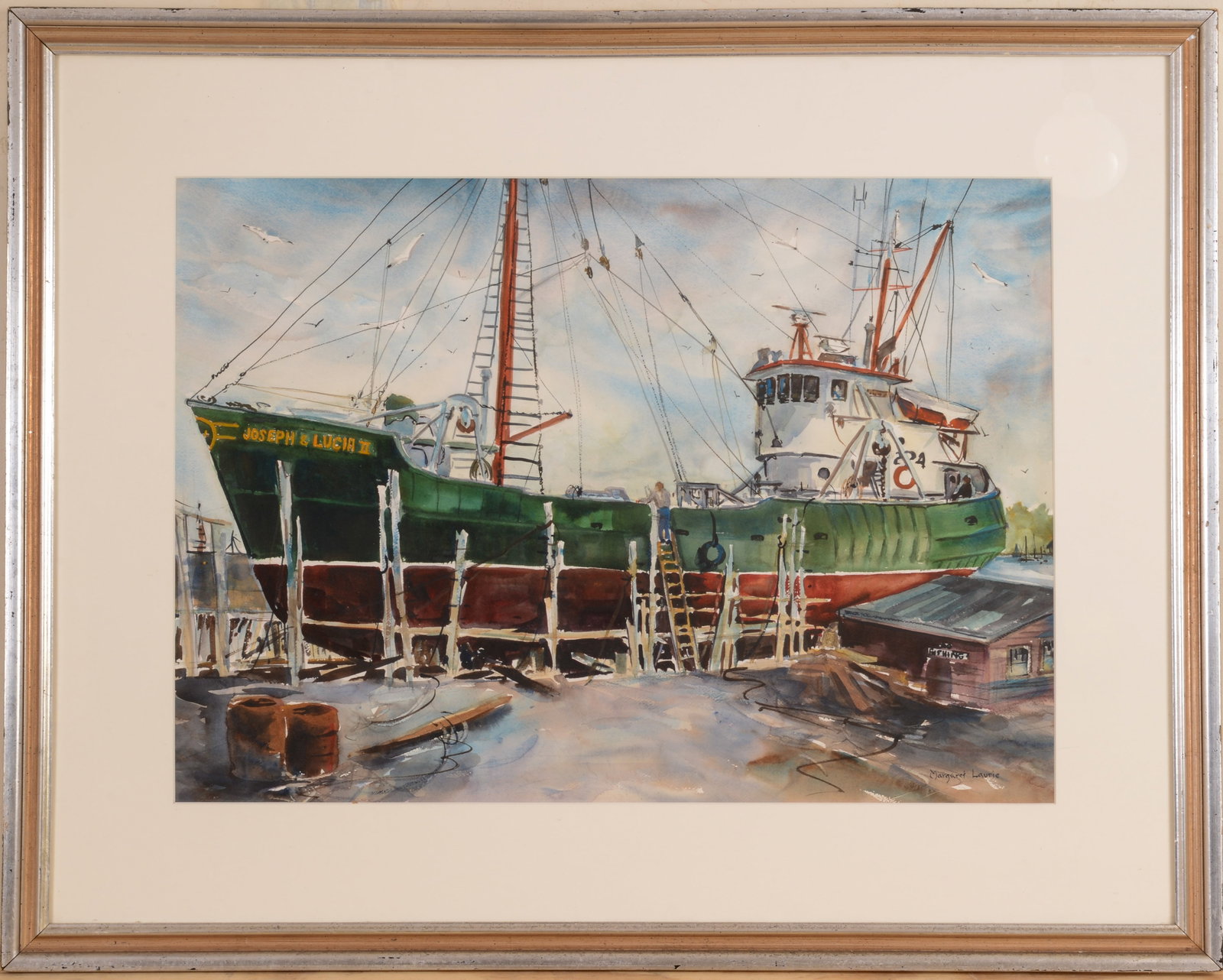 MARGARET (SPANKS) LAURIE-ABRAMO (1929 - 2012). FISHING BOAT “JOSEPH & LUCIA II: Watercolor on paper, 20 x 28 inches, sight, signed lower right. Framed, 30.5 x 38.5 inches.