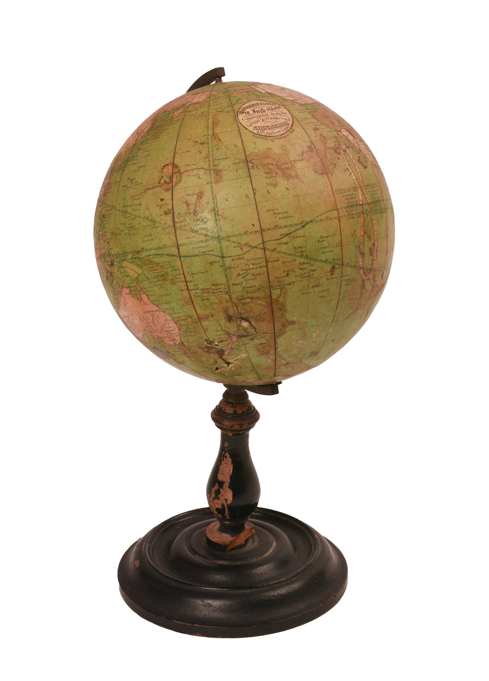 JOHNSTON’S SIX INCH GLOBE: Edinburgh, Scotland, c. 1860’s, stains, dents, paint loss and chip on base. Height 11 inches.