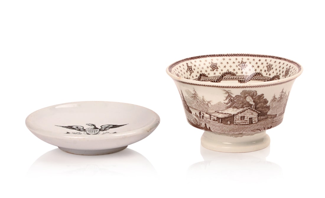 TWO AMERICAN HISTORICAL TRANSFER DECORATED ITEMS. (1 of 4)