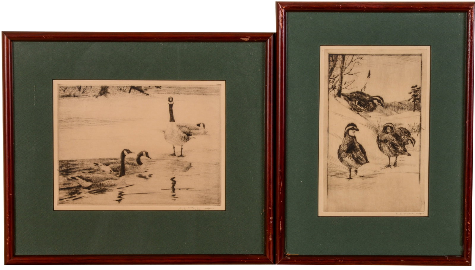 EARL LINCOLN POOLE AMERICAN (1891-1972) PAIR OF WATERFOWL ETCHINGS: Signed l.r., geese and chicks, geese image 6 inches x 8 inches, framed 11.25 inches x 12.75 inches