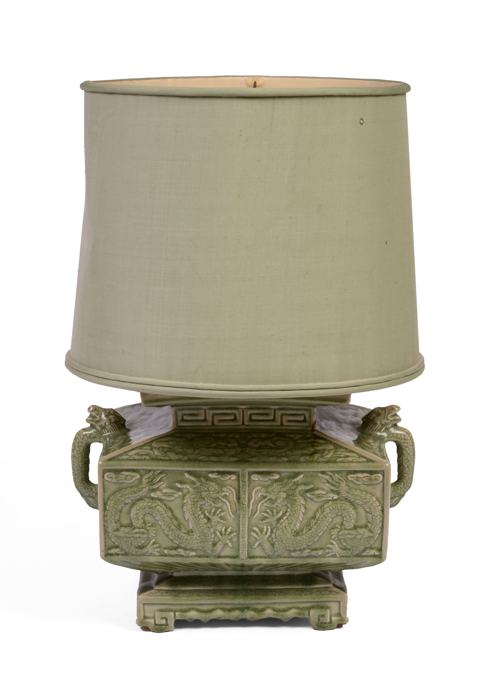 LARGE ASIAN CELADON TWO HANDLE VASE MOUNTED AS A LAMP (1 of 6)