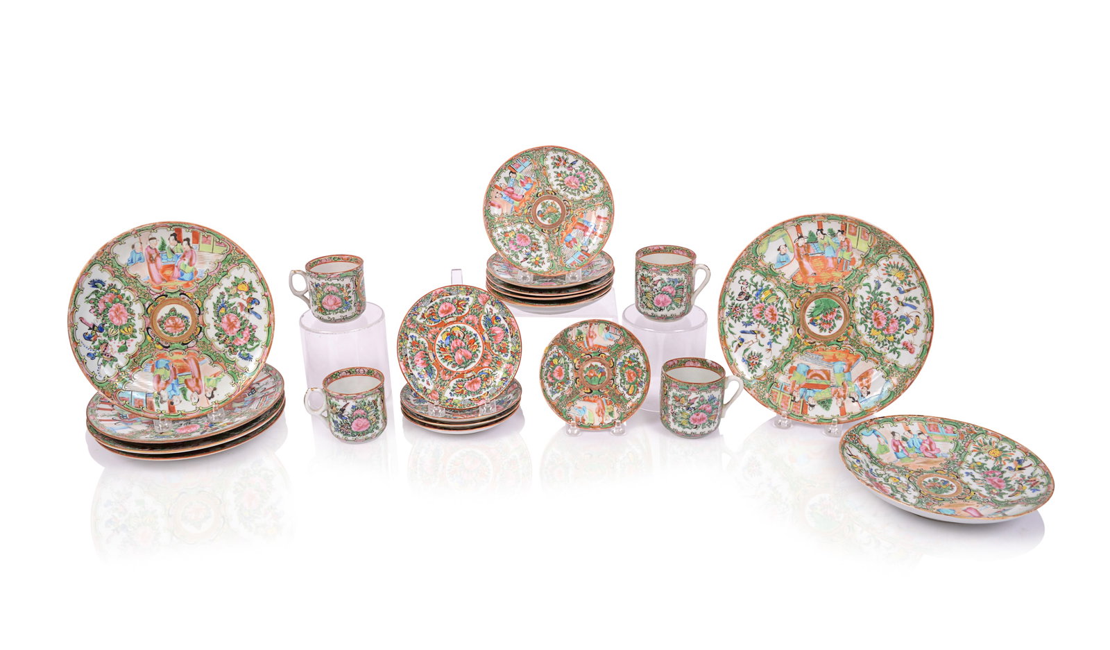 TWENTY ONE PIECES OF ROSE MEDALLION PORCELAIN: Including 4 teacups, 4 plates, 1 large plate, 1 soup bowl and 11 small plates, large plate diameter 9.5 inches, small chips to 1 cup and 1 small plate,