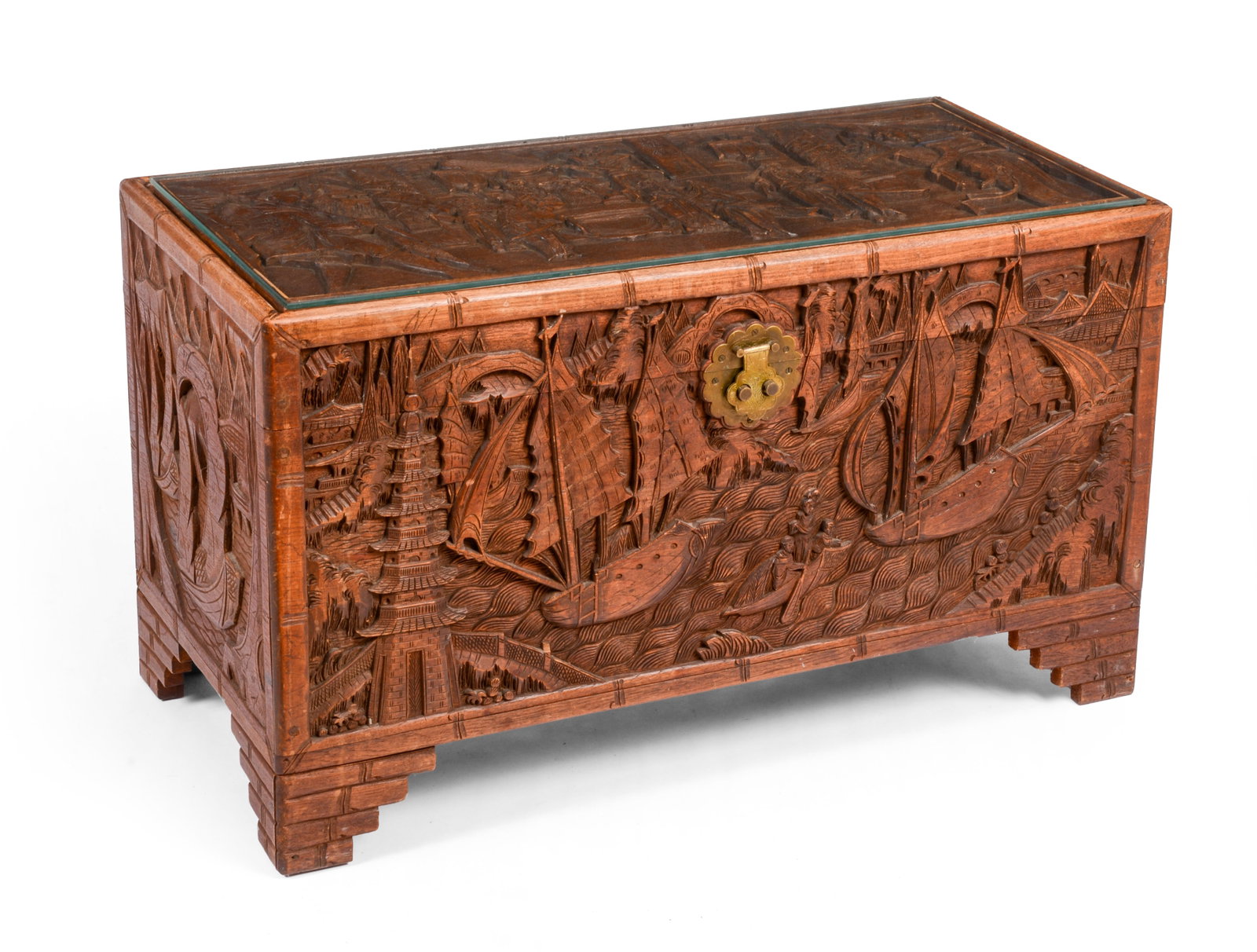 CHINESE CARVED CAMPHOR WOOD CHEST.: Height 21 inches, width 35 inches, depth 18 inches. Very good condition.