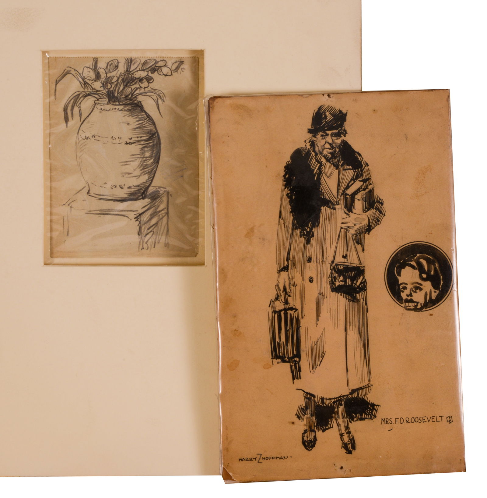TWO MID CENTURY ILLUSTRATIONS.: Albert Groll: Still Life With Indian Pottery, pencil on paper, 6 x 4.5 inches. Harry Z. Hoffman, Mrs. F.D. Roosevelt, pen and ink on paper, 11.5 x 7 inches.