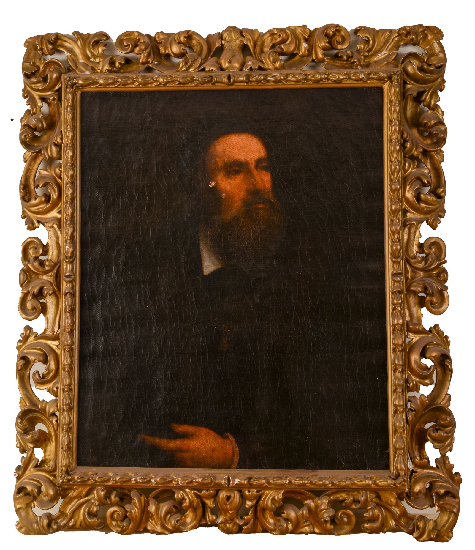 A LARGE 16TH/17TH-CENTURY PORTRAIT OF A MAN: in a carved gilded Florentine wooden frame. Heavy woven canvas, 30 x 25 inches. Frame 39 x 34 inches. Losses and repaired breaks to frame, painting is in original condition.