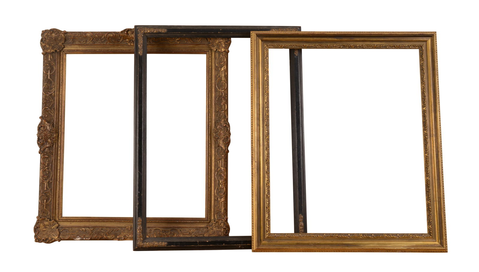 THREE ANTIQUE FRAMES.: Rabbets 24 x 20, 26 x 19, and 22.5 x 19.75 inches. Some losses.