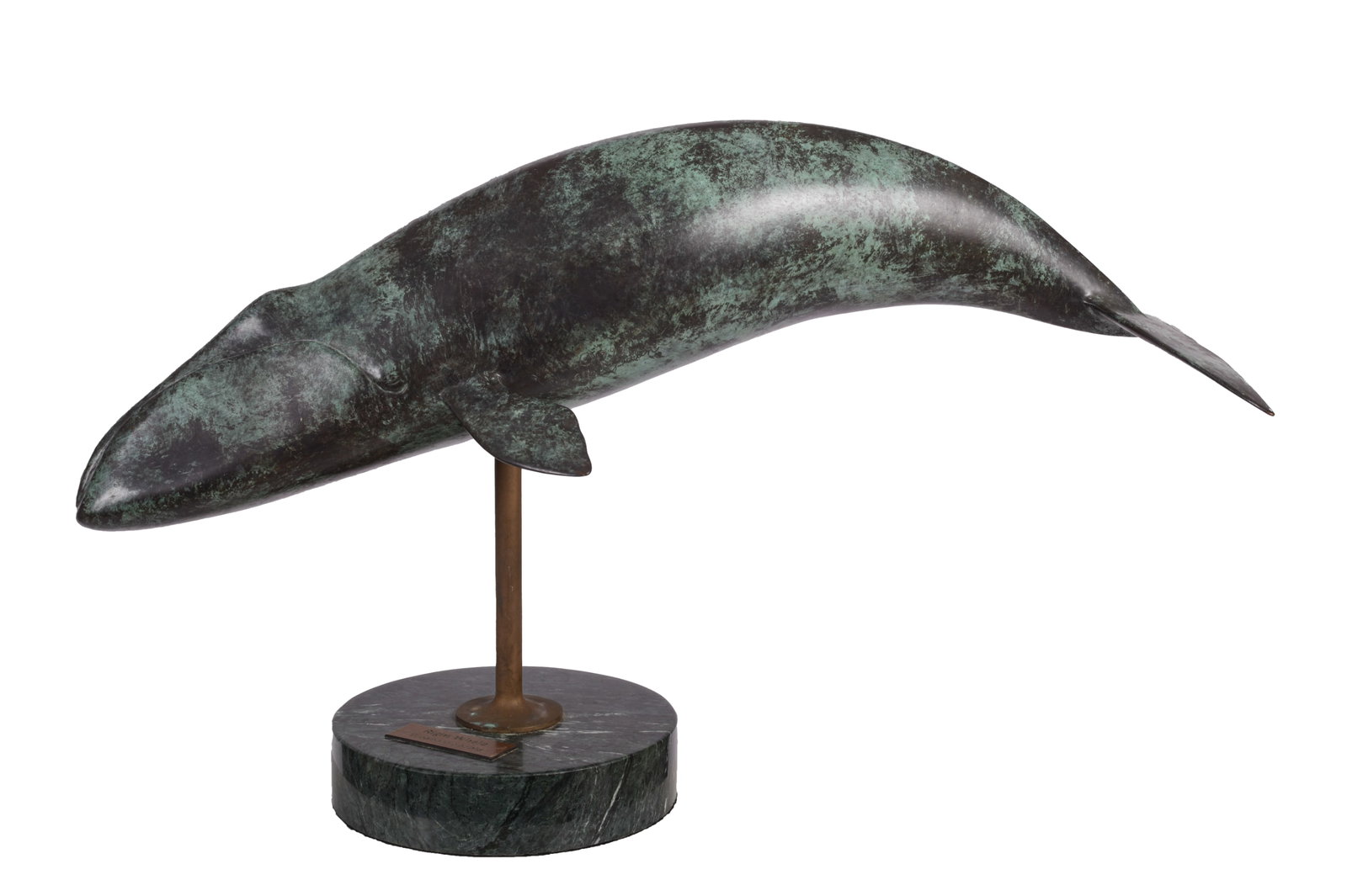 CAST BRONZE RIGHT WHALE SCULPTURE BY ALFRED GODIN.: Length 26 inches, in very good condition. Includes display pedestal. Alfred Godin, a retired marine biologist from Fitchburg, created hyper realistic bronze sculptures of each species of endange