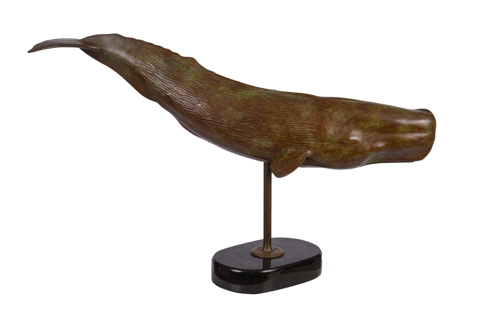 CAST BRONZE SPERM WHALE SCULPTURE BY ALFRED GODIN.: Length 29 inches, in very good condition. Includes display pedestal. Alfred Godin, a retired marine biologist from Fitchburg, created hyper realistic bronze sculptures of each species of endange