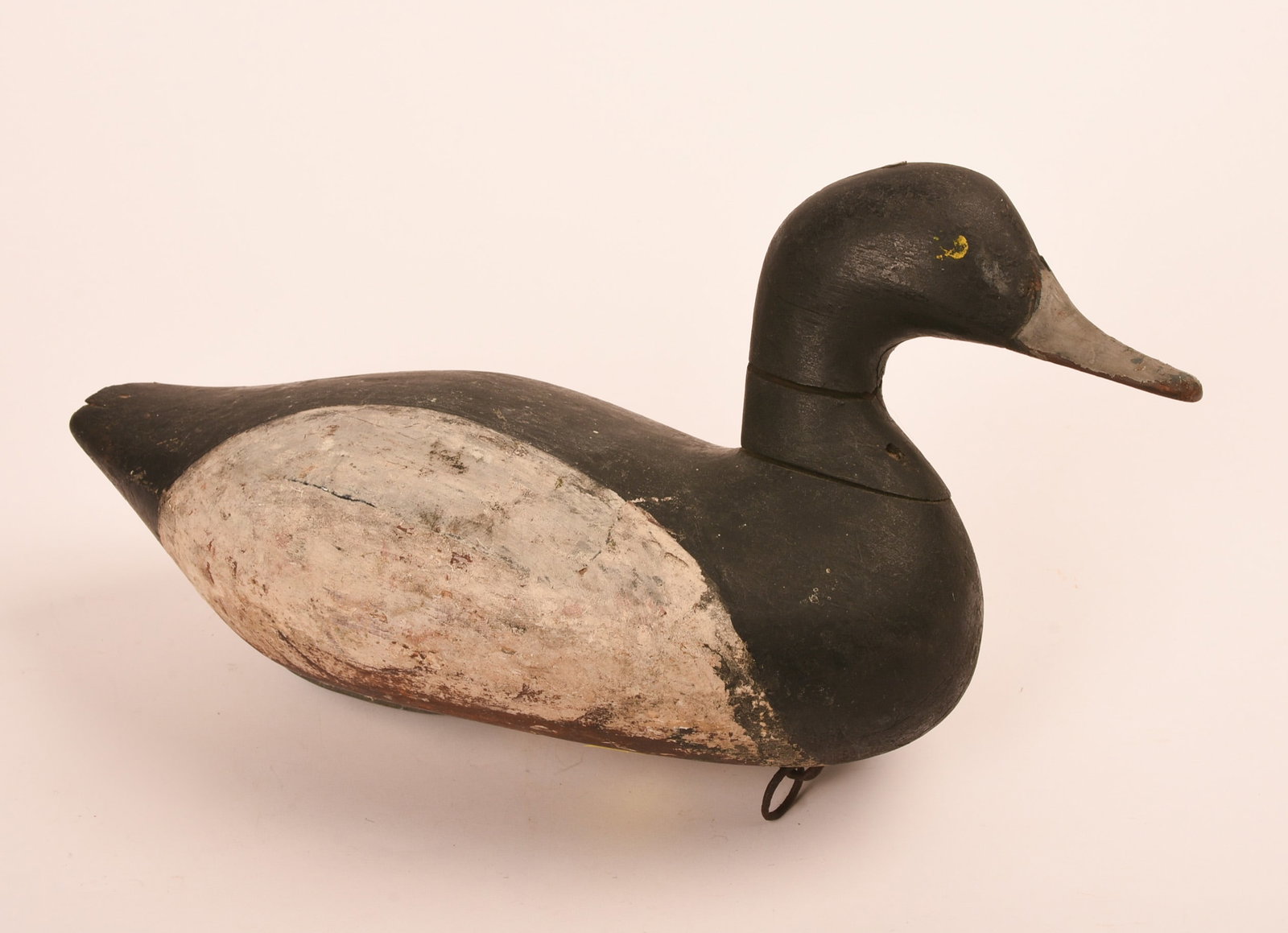WOODEN DUCK DECOY: Signed, length 13 inches, with tail broken off