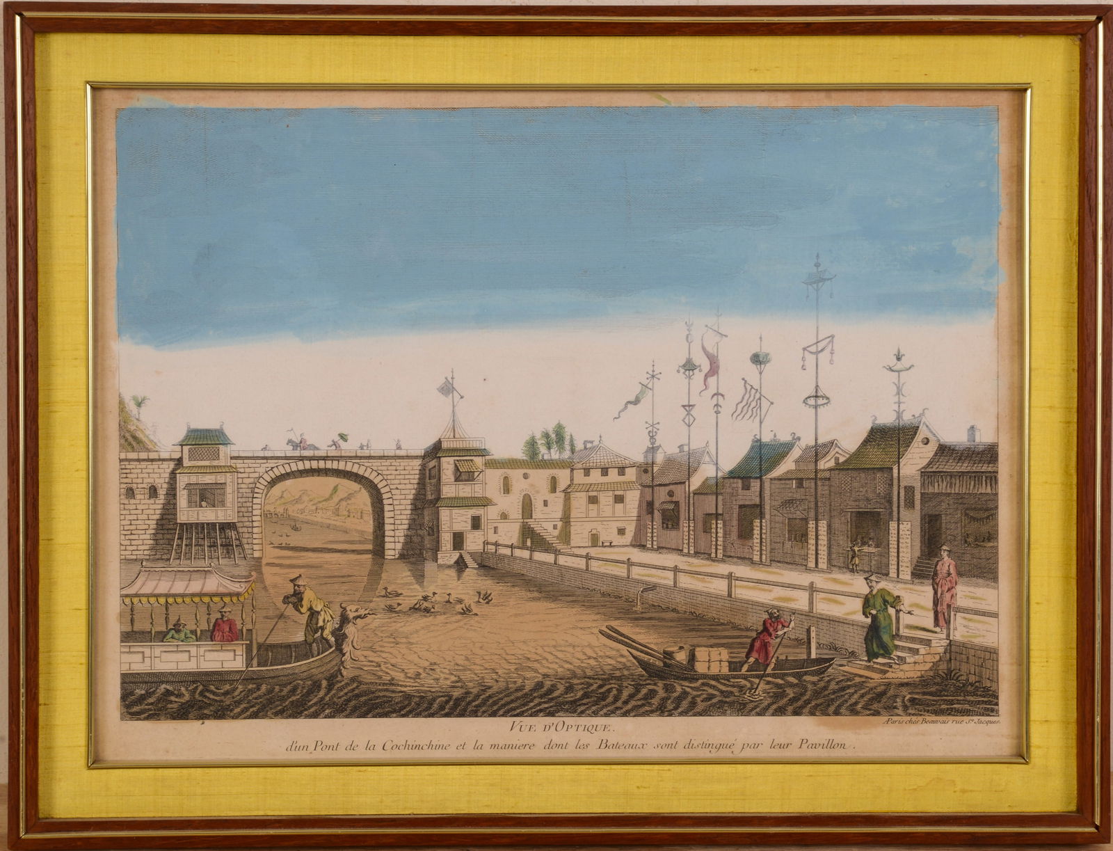 VUE D'OPTIQUE' HAND COLORED PRINT: Framed with yellow silk matt, image 12 inches x 16.5 inches, frame 19.25 inches x 15.25 inches