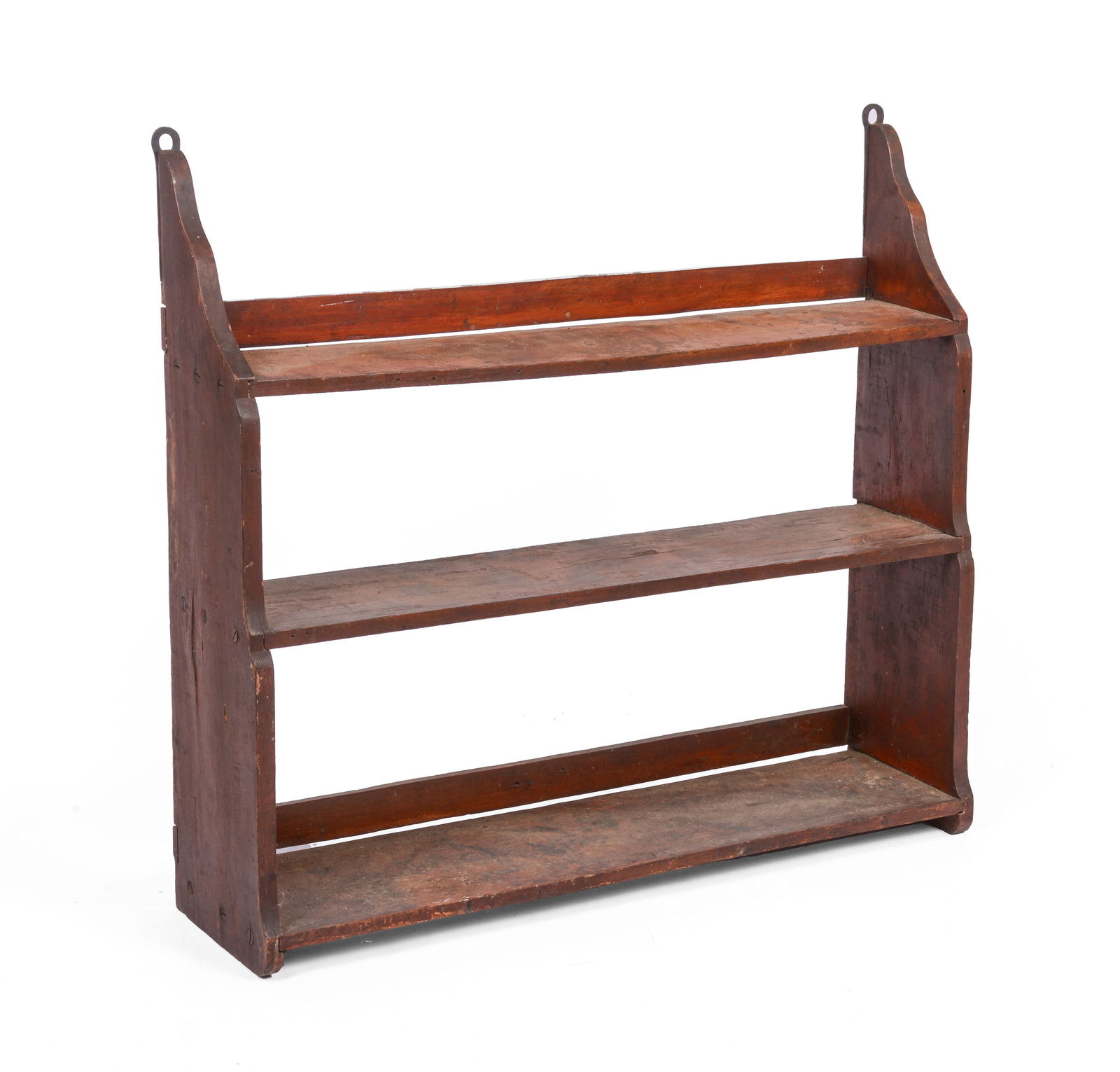 NEW ENGLAND PINE WALL SHELF IN RED PAINT. (1 of 4)