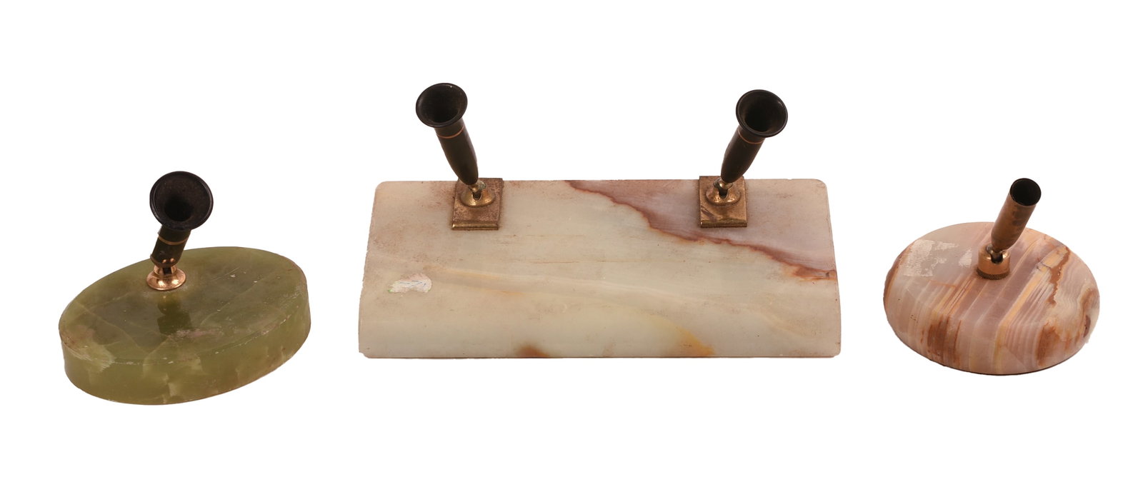 THREE MARBLE BASED PEN STANDS.: Round, diameter 3.25 inches, an oval example, and a Belmont double stand.