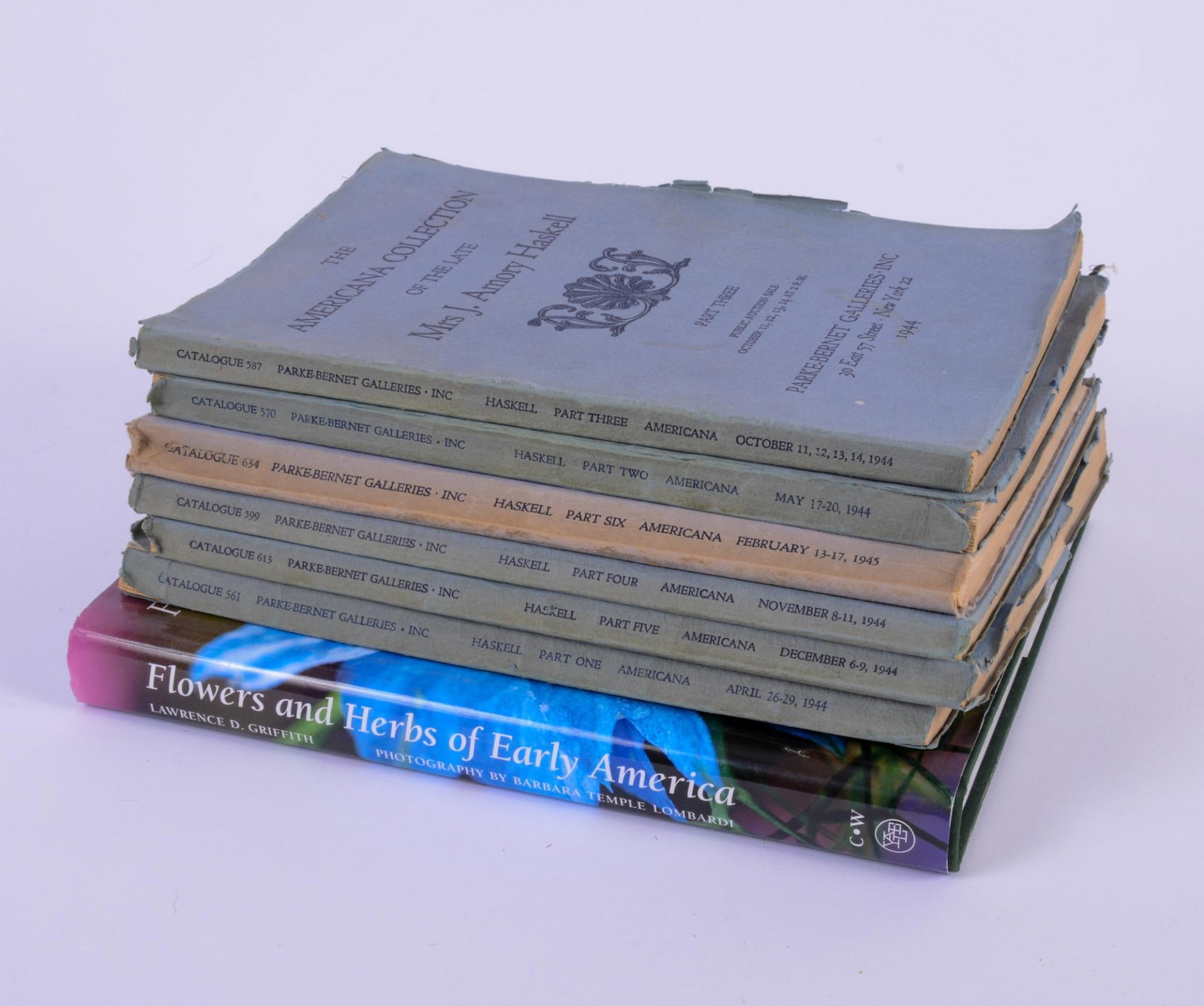 6 VOLUMES OF 'THE AMERICANA COLLECTION' NEW YORK 1944: Of the Late Mrs. J. Amory Haskett' Parke-Bernet Galleries, Inc., with 'Flowers and Herbs of Early America' by Lawrence D. Griffith, 2008
