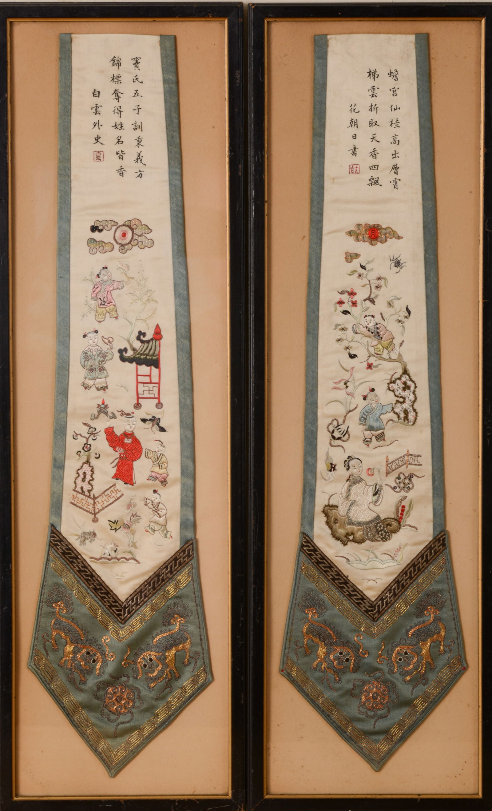 PAIR OF SIGNED CHINESE EMBROIDERED SILK TASSELS.: Finely embroidered with figures and animals, each with seal, metallic threads, late 19th/early 20th century. Width 7 inches, height 22.5 inches framed.