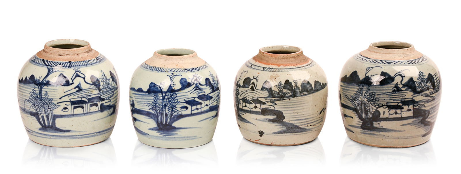 FOUR CHINESE PORCELAIN BLUE AND WHITE GINGER JARS. (1 of 5)