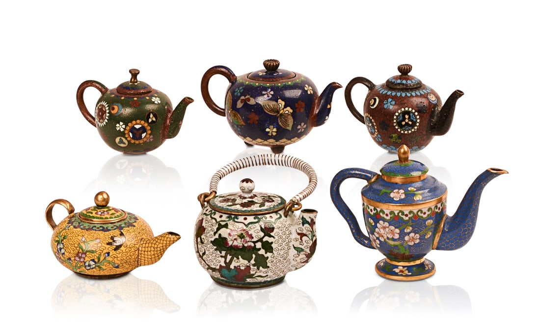 SIX CHINESE CLOISONNE MINIATURE TEAPOTS. (1 of 5)