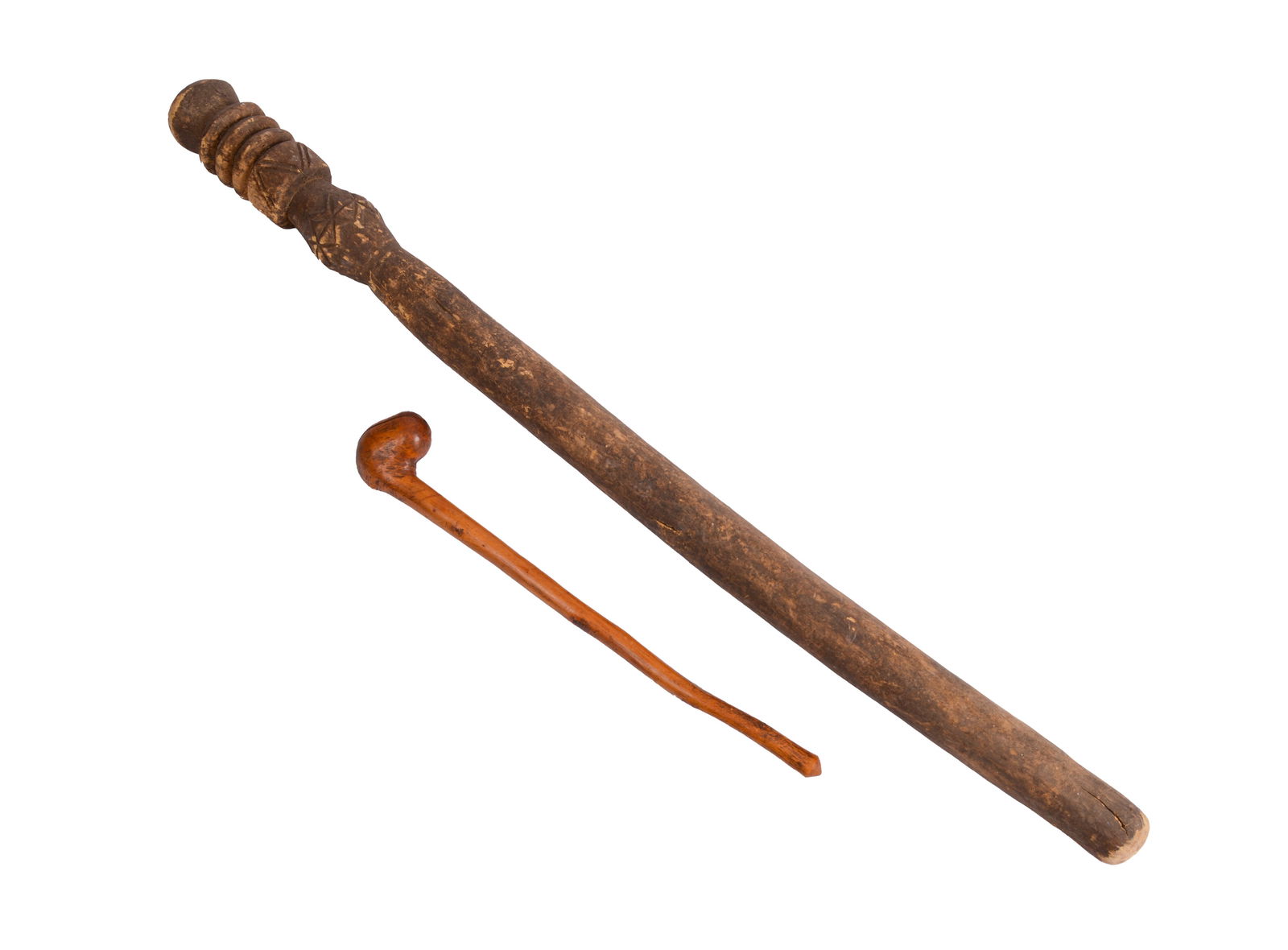 AFRICAN CARVED STAFF AND A SMALL CLUB. (1 of 5)