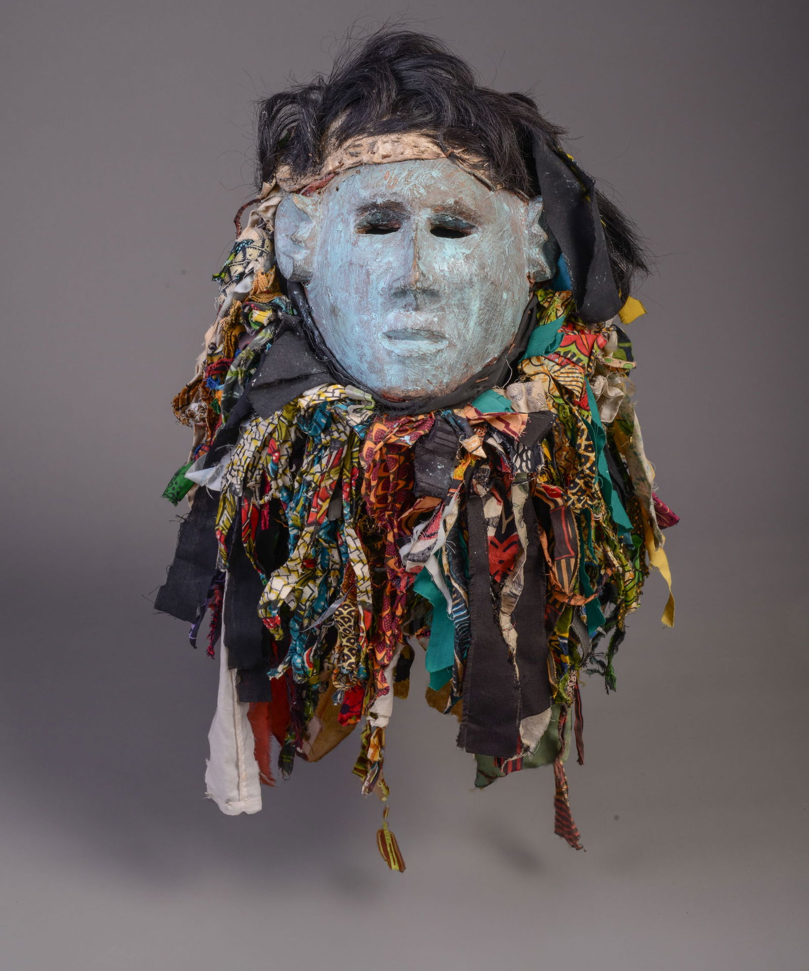 ANGOLAN INITIATION MASK: Height approximately 24 inches including fabric, width approximately 11 inches.