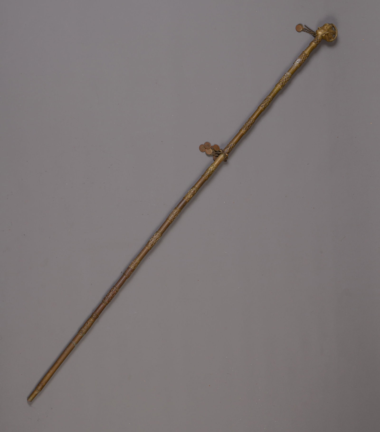 YORUBA BRONZE FEMALE PRIESTESS STAFF: Length 52 inches.
