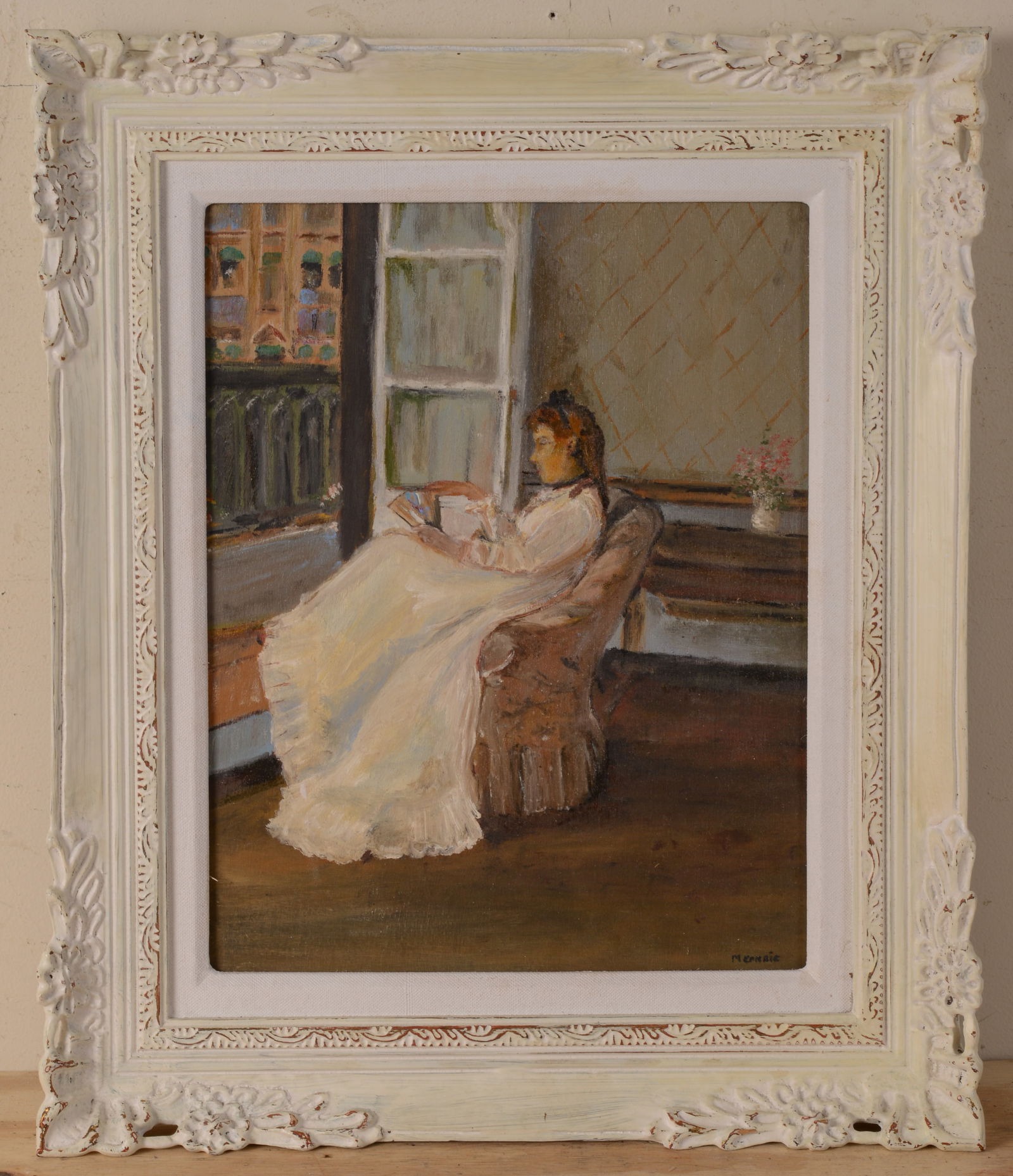 FRENCH SCHOOL PAINTING OF A WOMAN SEATED AT A WINDOW. (1 of 3)