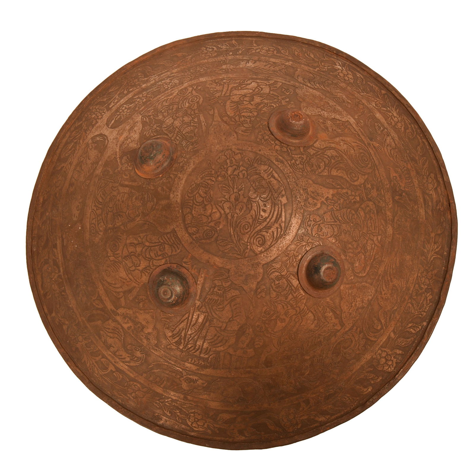 PERSIAN QAJAR STEEL SHIELD.: Decorated with figures and animals, 19th c. Diameter 18.75 inches.